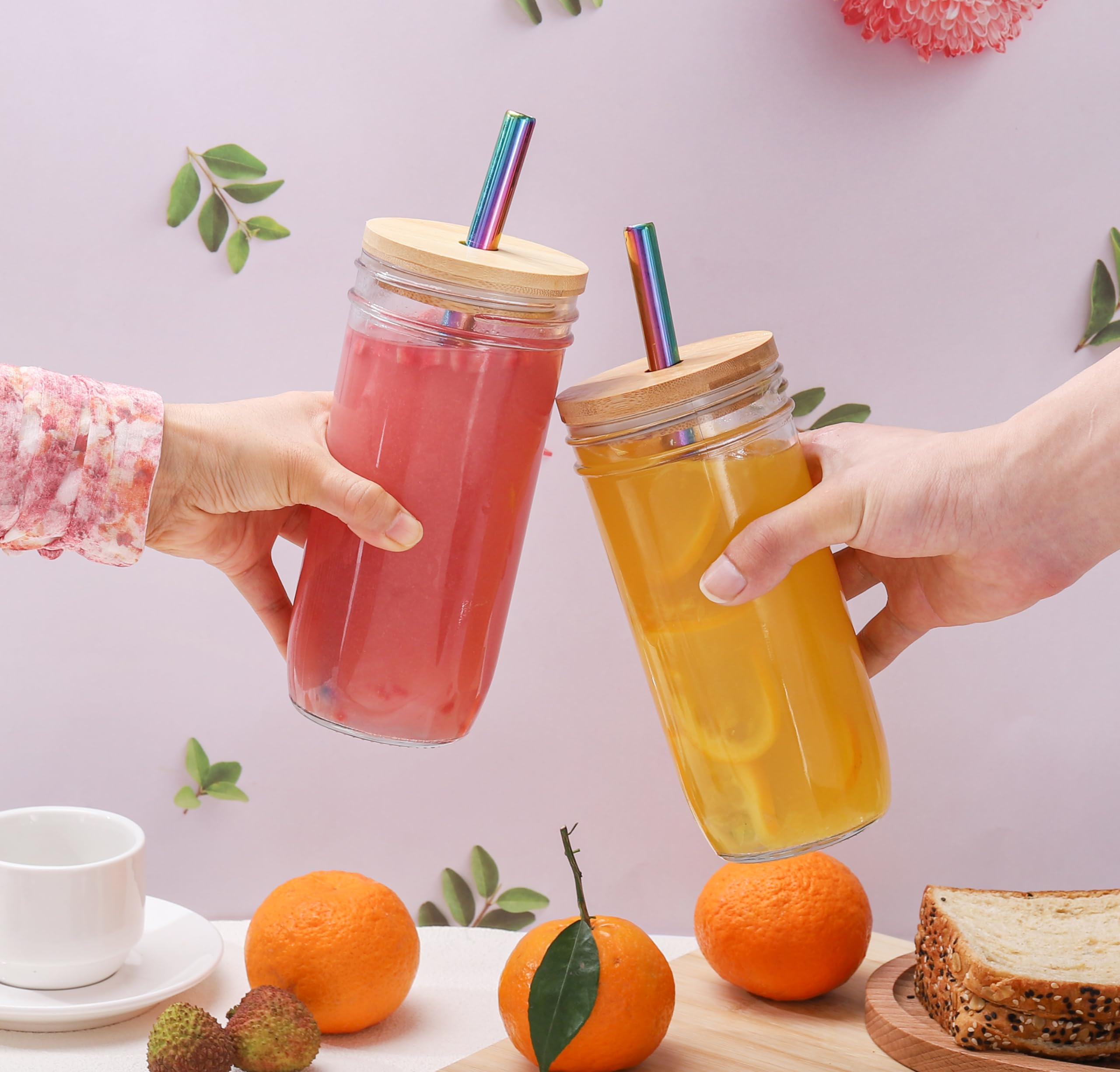 2 vasos de vidrio de 24 onzas con tapas de bambú y popotes y 2 tapas herméticas, vasos reutilizables para batidos, vasos de café helado, vaso de vidrio para té de burbujas, jugo, regalo