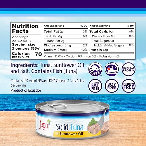 Miniatura 2 de Jego Atún sólido en aceite de girasol, atún natural salvaje, keto, bajo en carbohidratos, sin gluten, sin soja, enlatado, listo para comer, paquete