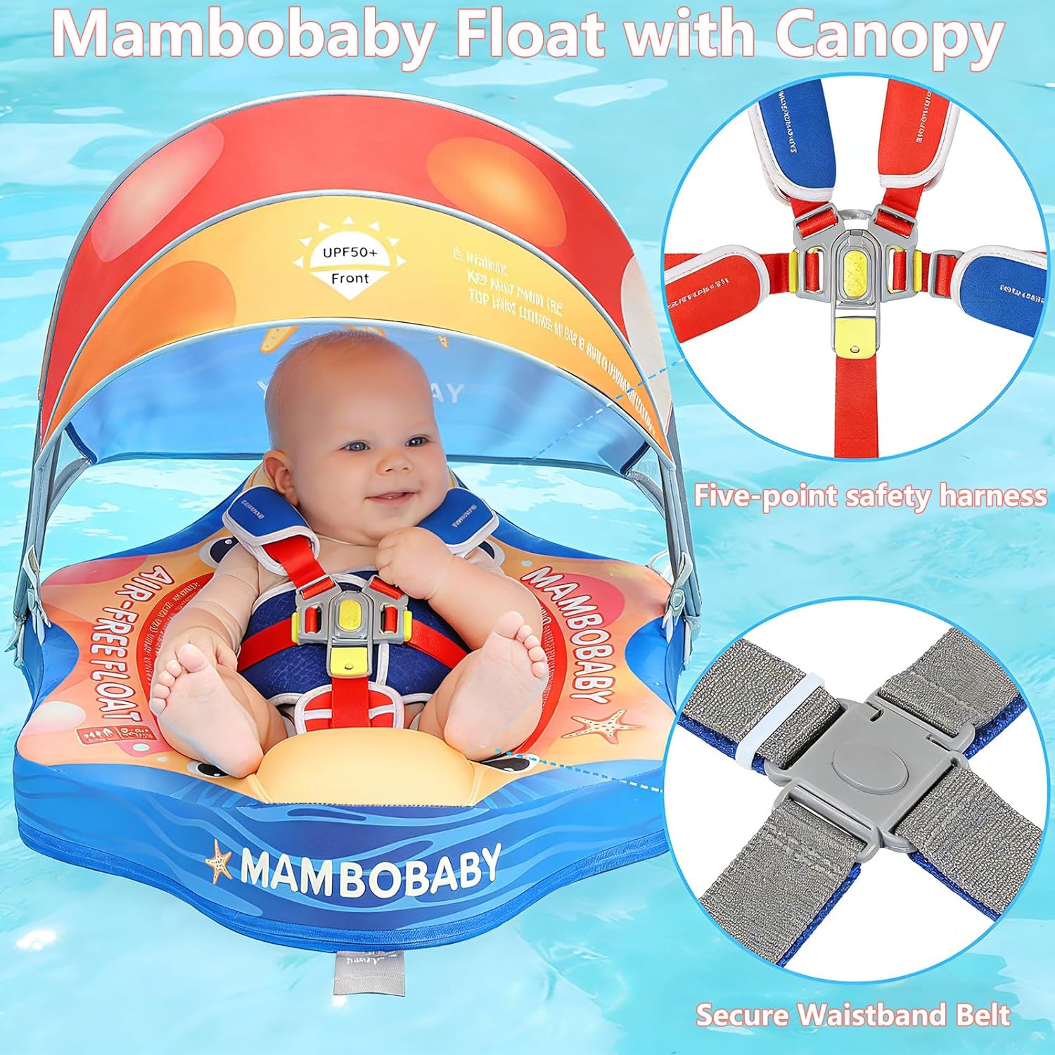 Mambobaby Float with Canopy, Non Inflatable Baby Pool Float, Newly Upgraded Baby Swim Float, Solid Pool Infant Swim Trainer, Swimming Training Lying Air Free Water Floats