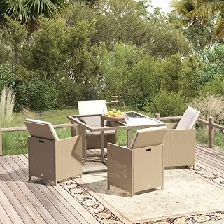 Festnight Conjunto de Ratán 5 Piezas Mesa y Sillas para Jardín Exterior con Cojines Marrón