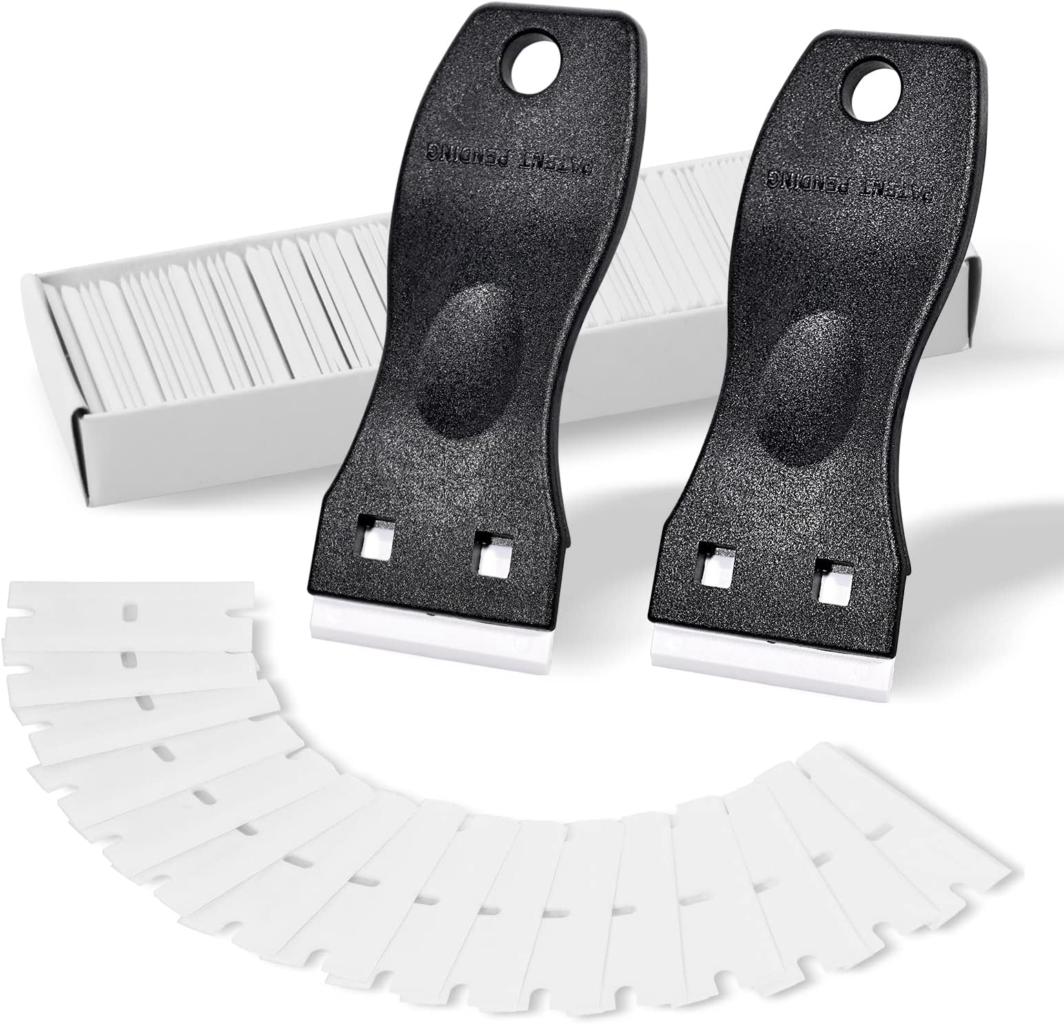 FOSHIO 2PCS Plastic Razor Blade Scraper Tool and 100PCS Plastic Blades for Gasket Remover, Sticker Remover, Labels Decal and Adhesive Remover for Windows and Glass (Dark Black)