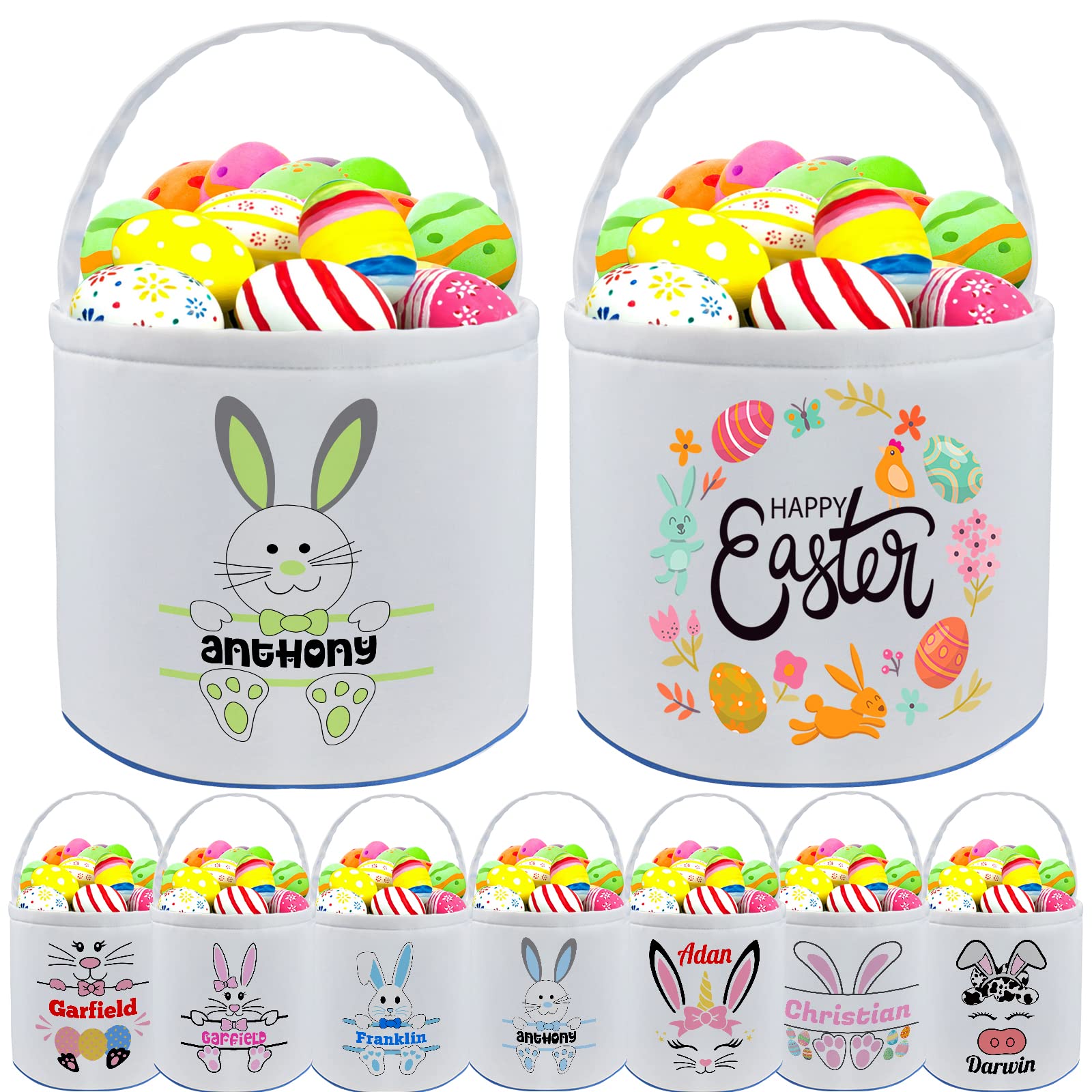 Personalized Easter Baskets for Girls Boys Kids with Name Custom Buny Easter Basket Customized Easter Egg Tote Bags Buckets