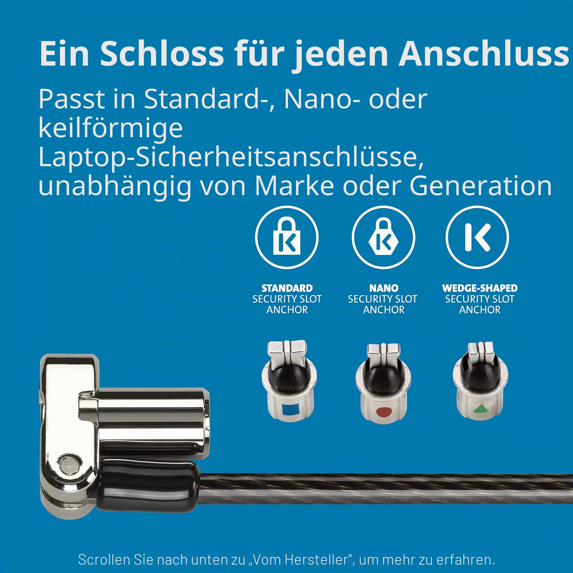 Kensington Universal 3-in-1 Laptopschloss mit Schlüssel, Anti-Diebstahl-Sicherheitsschloss, 1,8 m Karbonstahlkabel