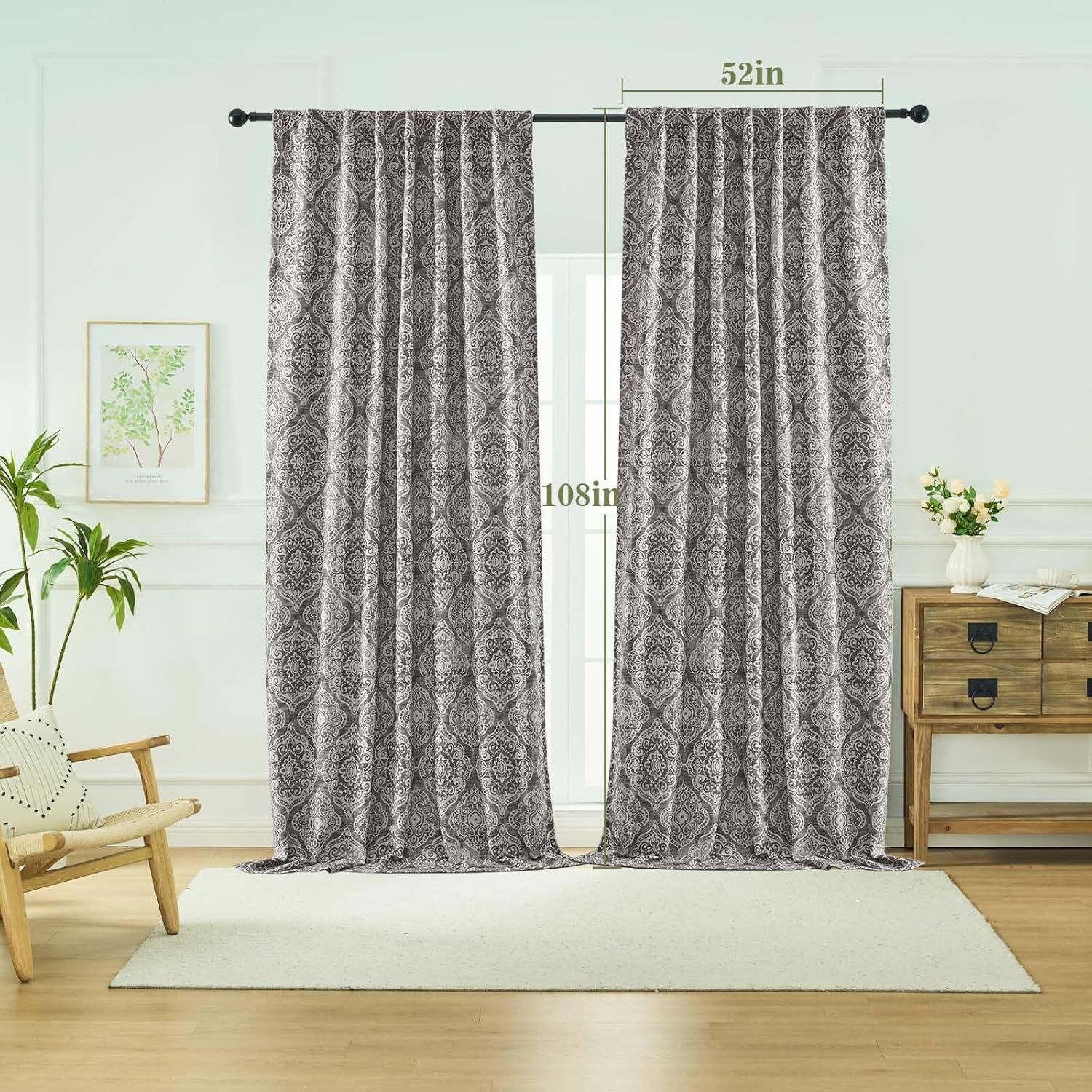 OWENIE Extra Long Blackout Curtains for Bedroom 108 Inches Long 2 Panels, Grey Medallion Patterned Thermal Insulated Linen Curtains for Living Room, Back Tab Blackout Elegant Drapes, 52Wx108L Inches