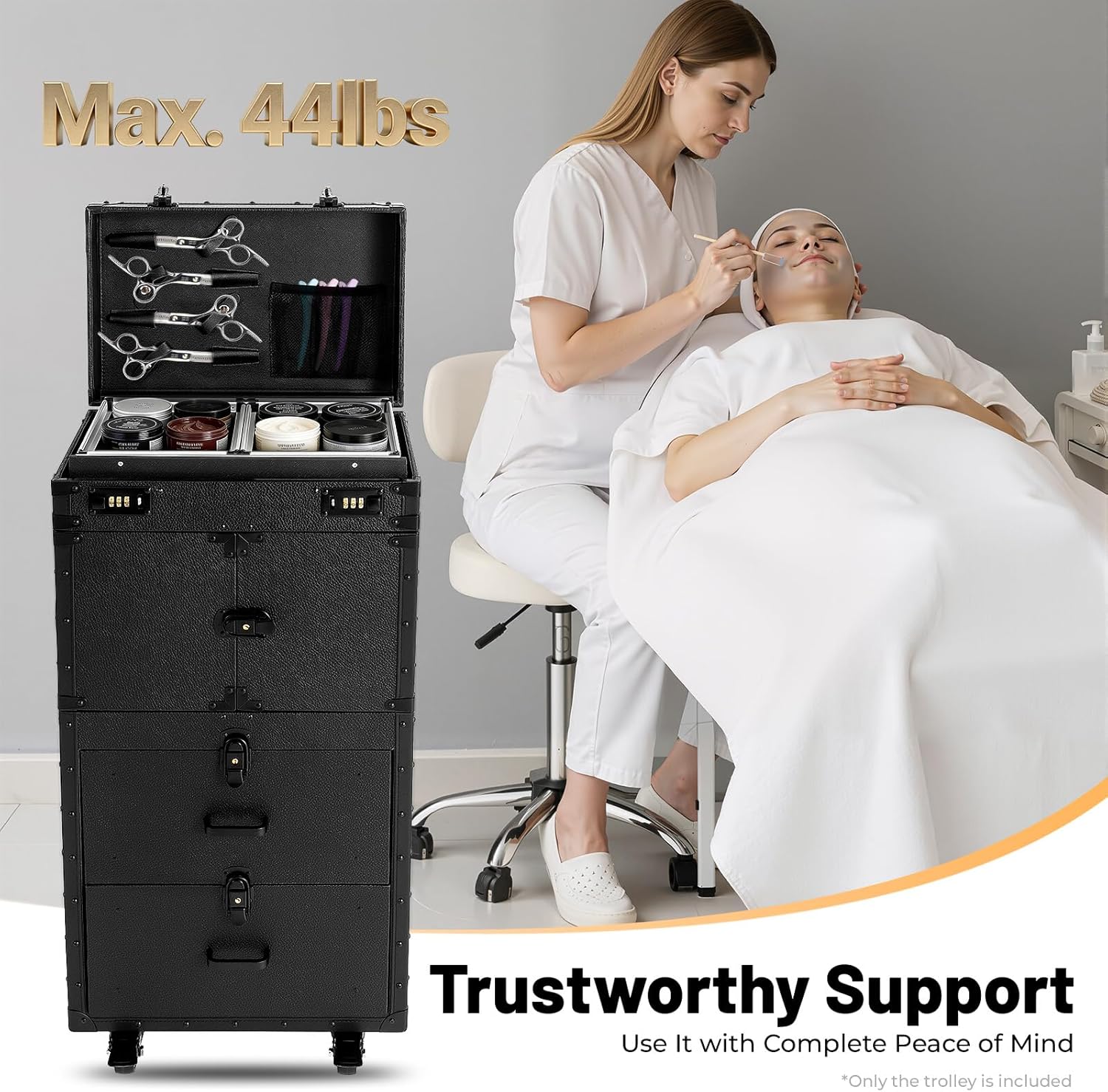 Rolling Makeup Train Case, Professional Makeup Train Case Aluminum Cosmetic Trolley Travelling Cart Trunk with 360° Swivel Wheels&Sliding Drawer for Nail Technician Stylist