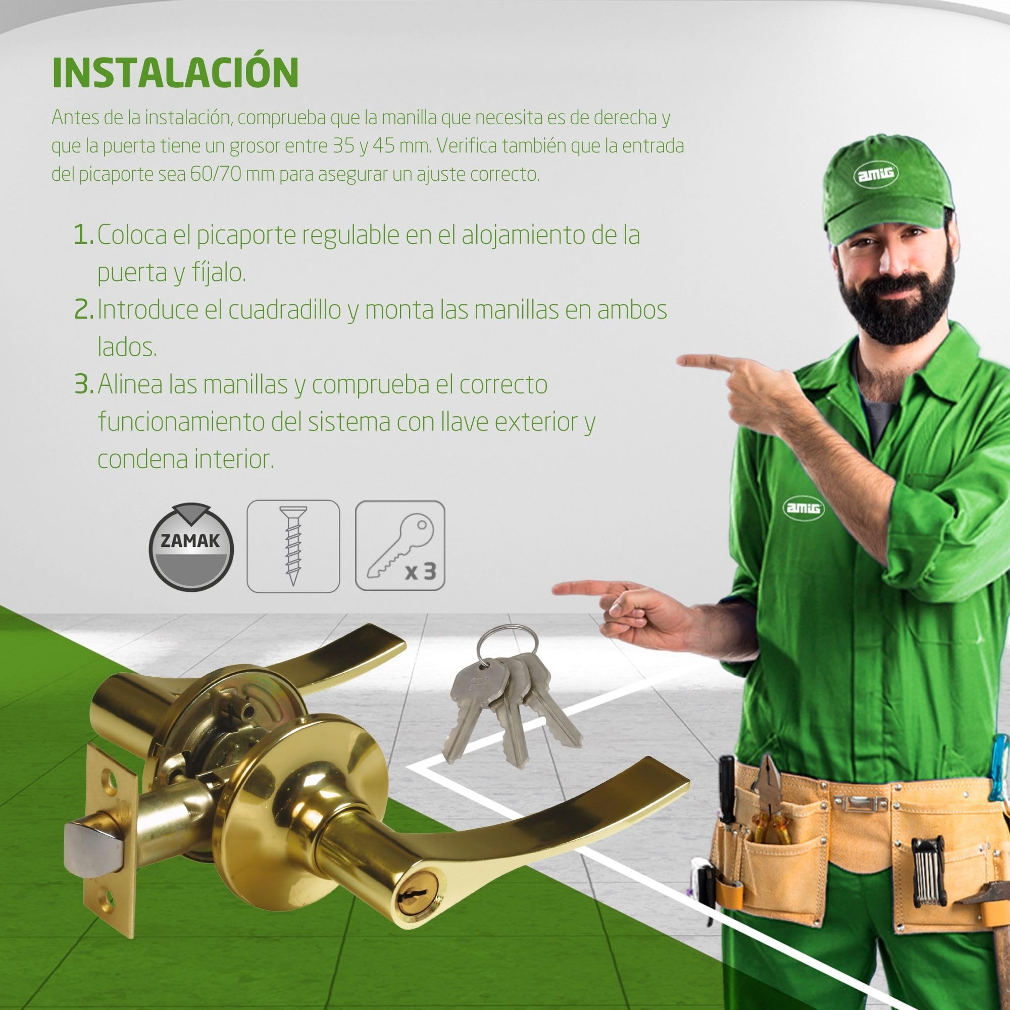 Amig - Juego de Manillas con Picaporte de Derecha - Roseta de Ø65 mm - Picaporte de Entrada 60/70 mm - Dorado - Zamak - Puertas de madera de 35 a 45 mm - Incluye 3 llaves - Mod. 710
