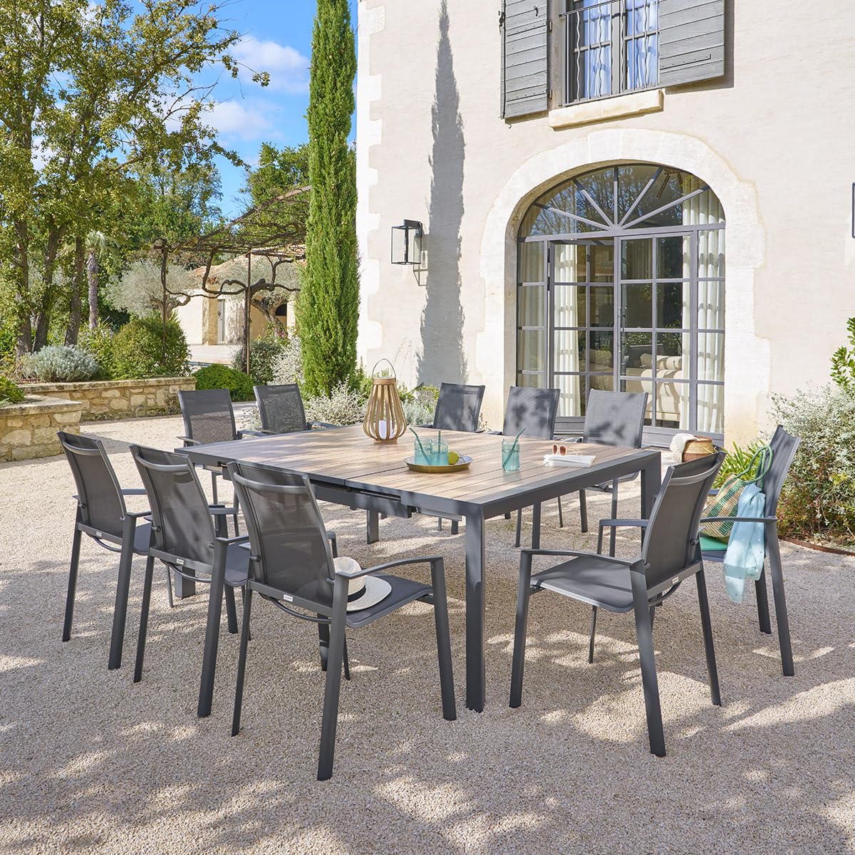 Hespéride - Table de Jardin Extensible carrée évasion Effet Bois Honey et Argile 10 Places Lates en Aluminium