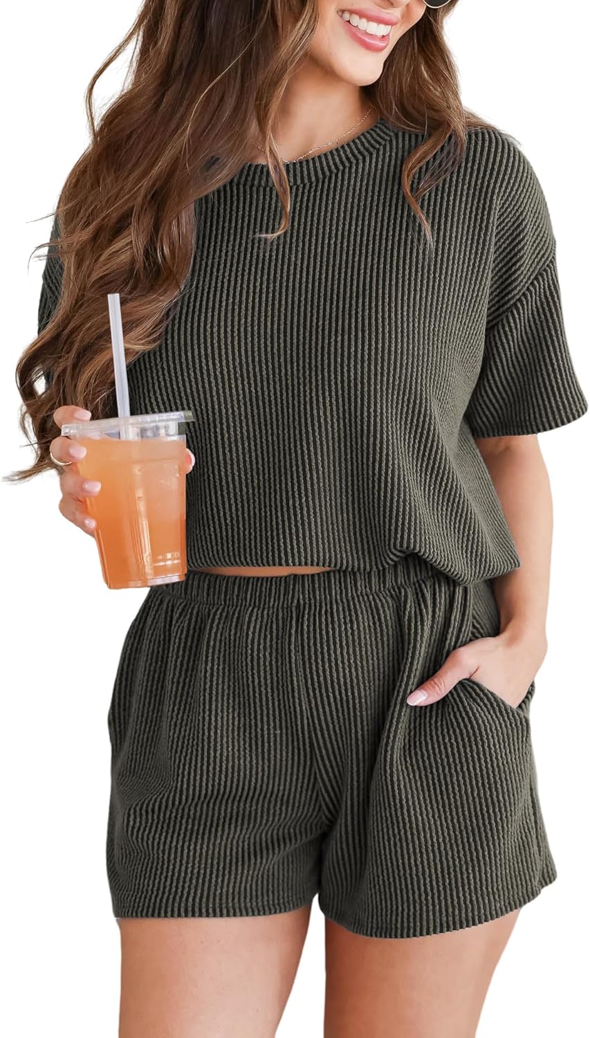 Women's 2 Piece Outfits Summer Knit Short Sleeve Top and Shorts Set Soft Casual Lounge Sets