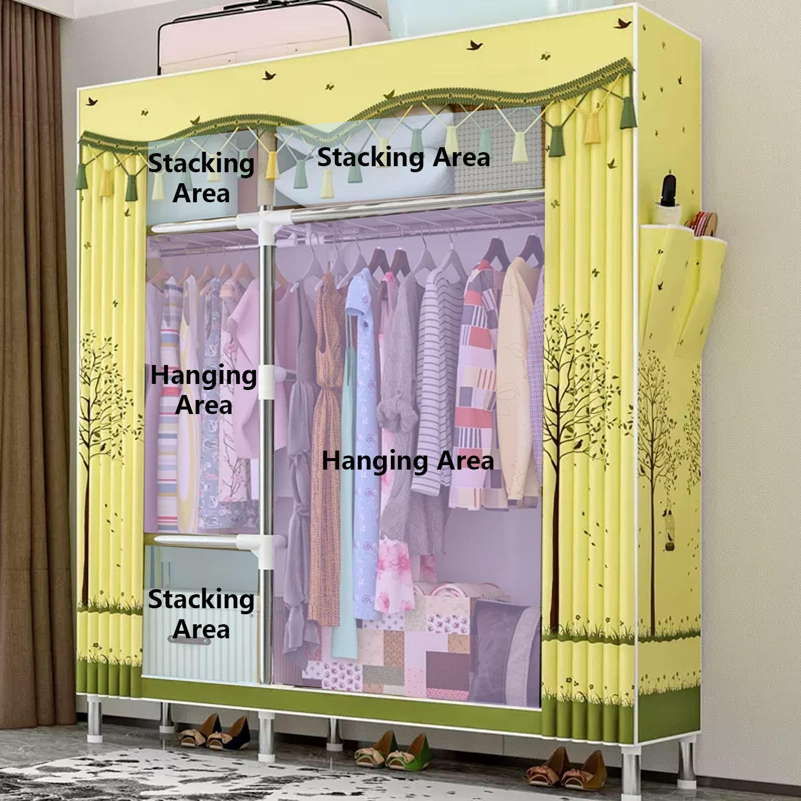 Armario de Tela Plegable, Armario de Tela portátil con Varillas para Colgar, Armario Organizador de Armario, Armario de Ropa para Dormitorio, A-107x42x172CM (B 107x42x172CM)