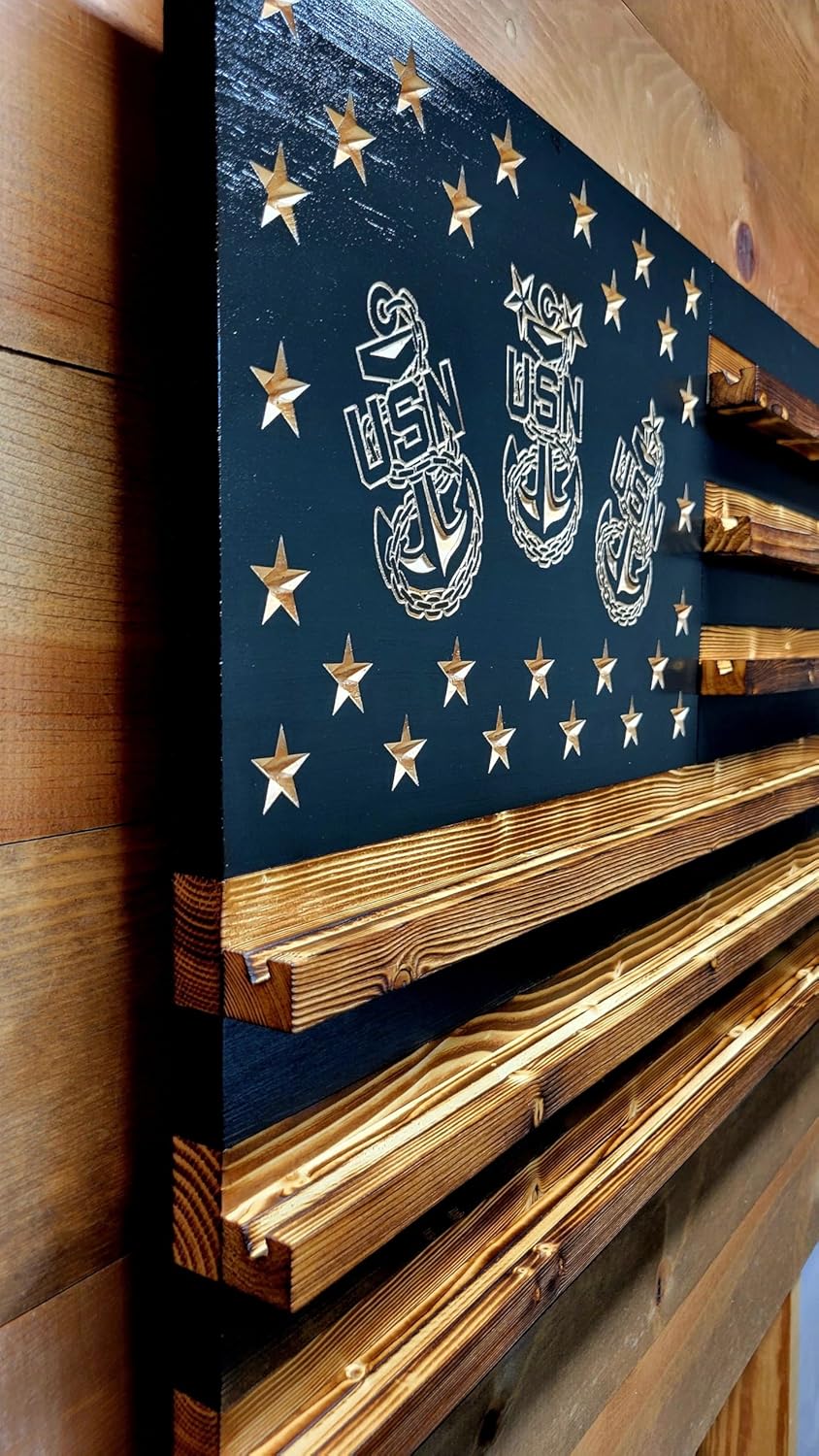 U.S. Navy Chief Anchors Challenge Coin Holder Display, Wooden Shelves hold 90-100 Coins, for Military, Police, Law Enforcement, First Responders, Custom Handmade Quality, Made in Texas