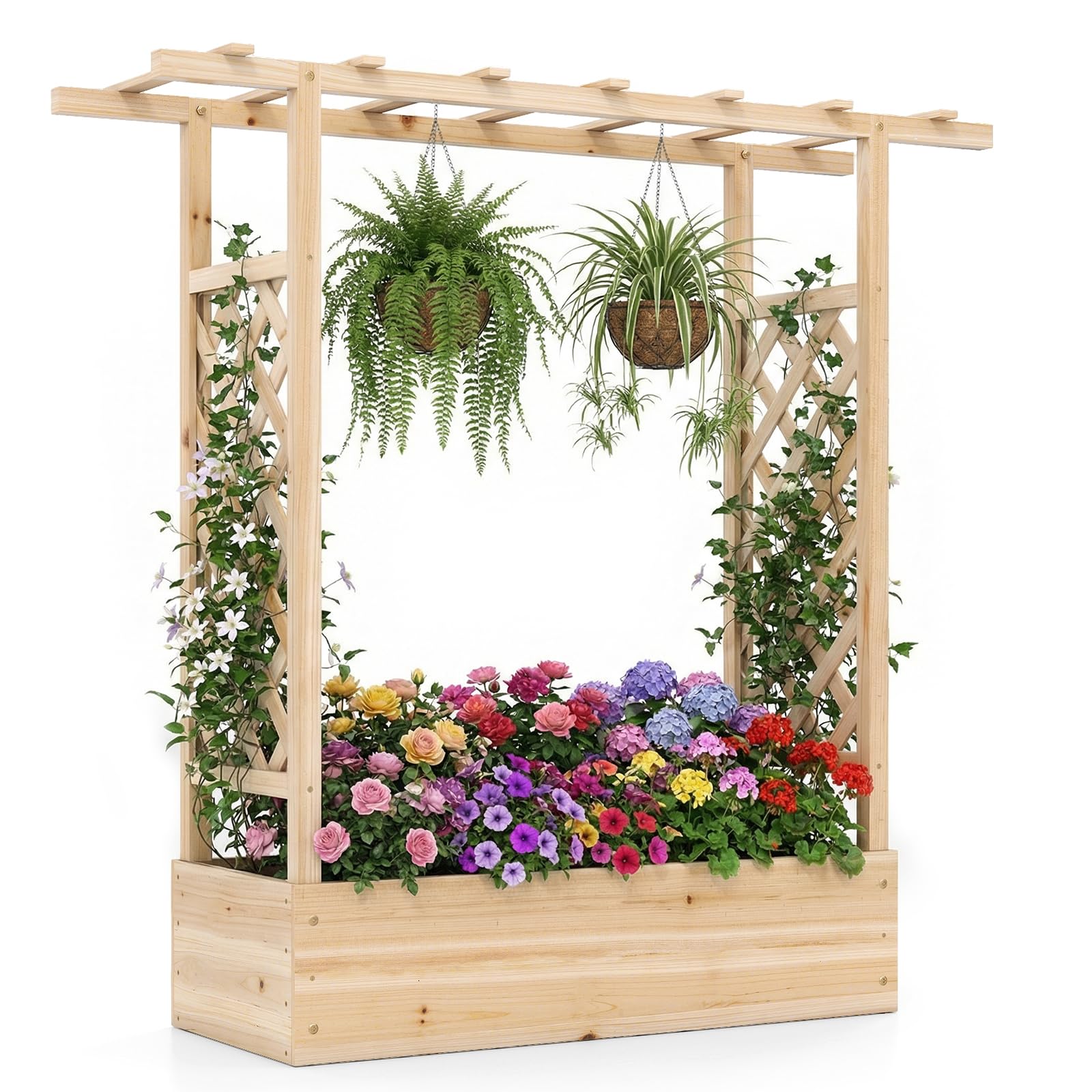 COSTWAY Garden Planter with Trellis, Hanging Roof and Drainage Holes, Weather-Resistant Wooden Raised Bed for Vine Climbing Plants, Outdoor Trough Container Grow Box Flower Pot (Natural, 110x35x114cm)