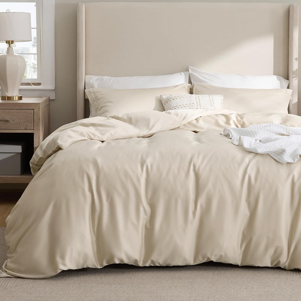 Bedsure Cotton Blend Duvet Cover Queen Size - Moisture Wicking and Silky Eucalyptus Lyocell Cotton Hybrid Comforter Cover Set for Hot Sleeper - GentleSoft™ and Breathable, Beige Bedding Set