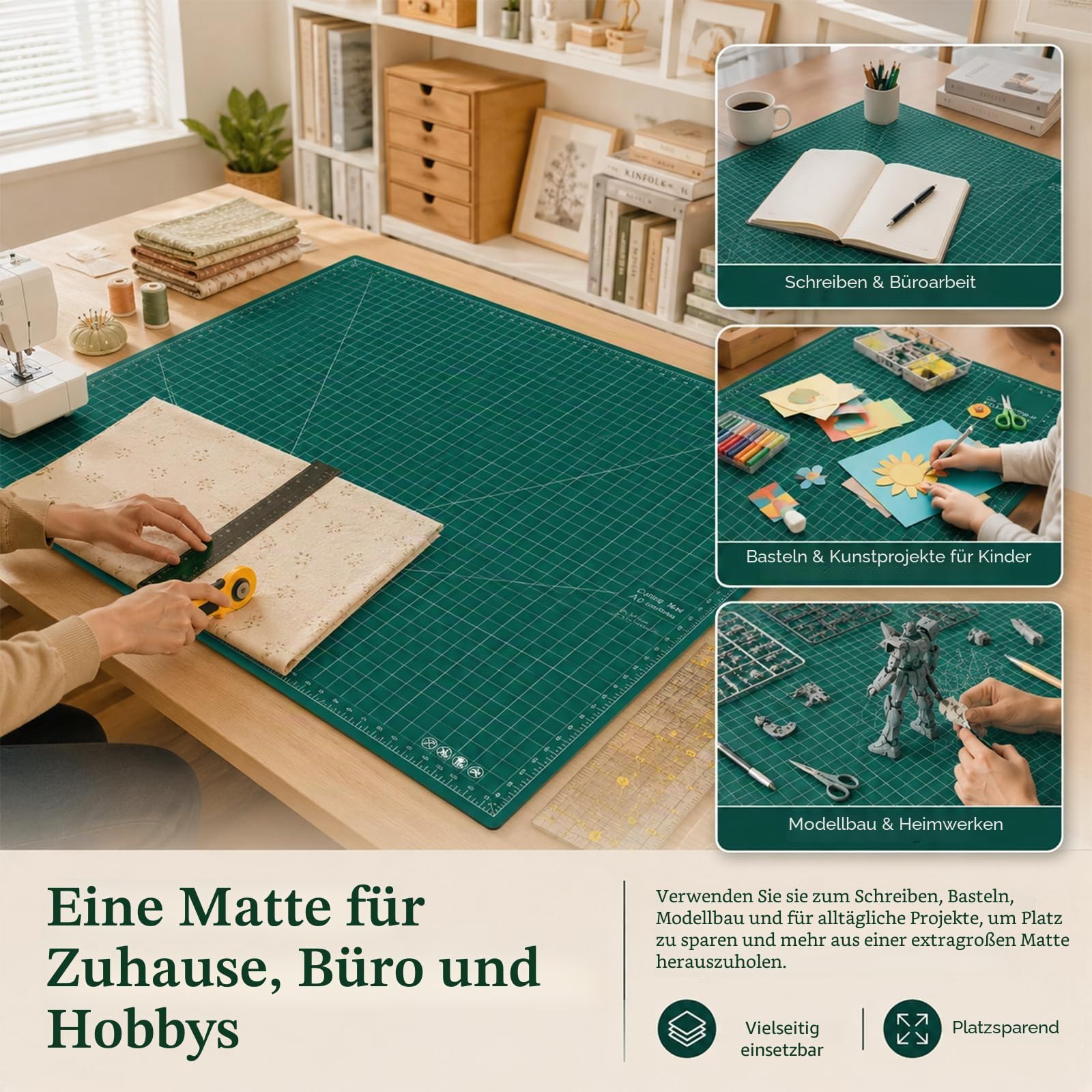 NCONCO Schneidematte A0 90x120 cm Grün – Selbstheilende Cutting Mat A0, 5-lagig & schnittfest, beidseitig Bedruckt, extra große Bastelunterlage & Schneideunterlage für Nähen, Patchwork, Modellbau