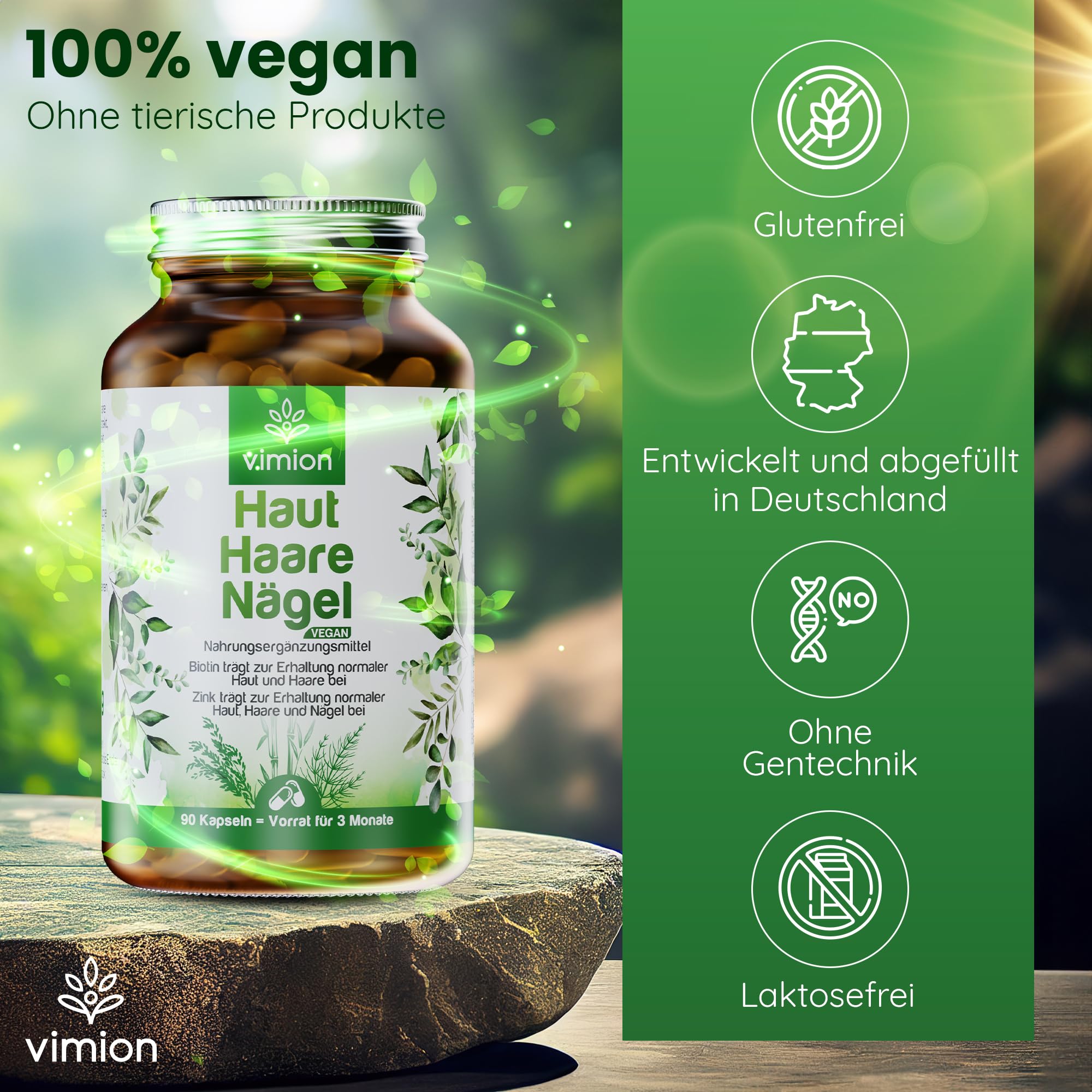 Haut-Haare-Nägel - 90 Kapseln - 100% vegan - mit Biotin, Zink, Selen, B-Vitamin-Komplex, L-Cystein sowie Silizium aus Bambus, Ackerschachtelhalm & Hirse – Vorrat für 90 Tage