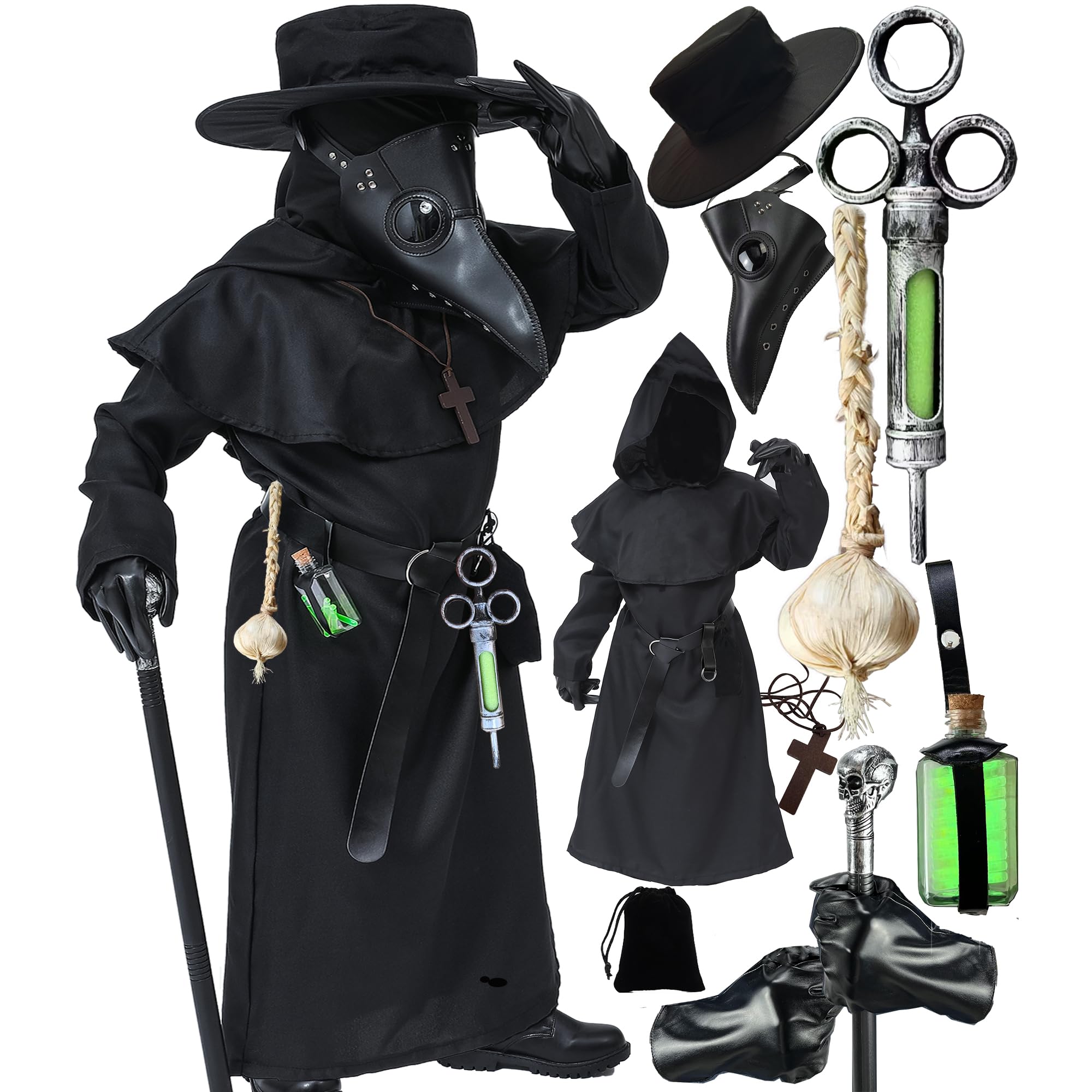 Absolute Vibe Plague Doctor Costume for Kids Halloween Outfit Cosplay Coat Mask for Boys Girls Combo set Large