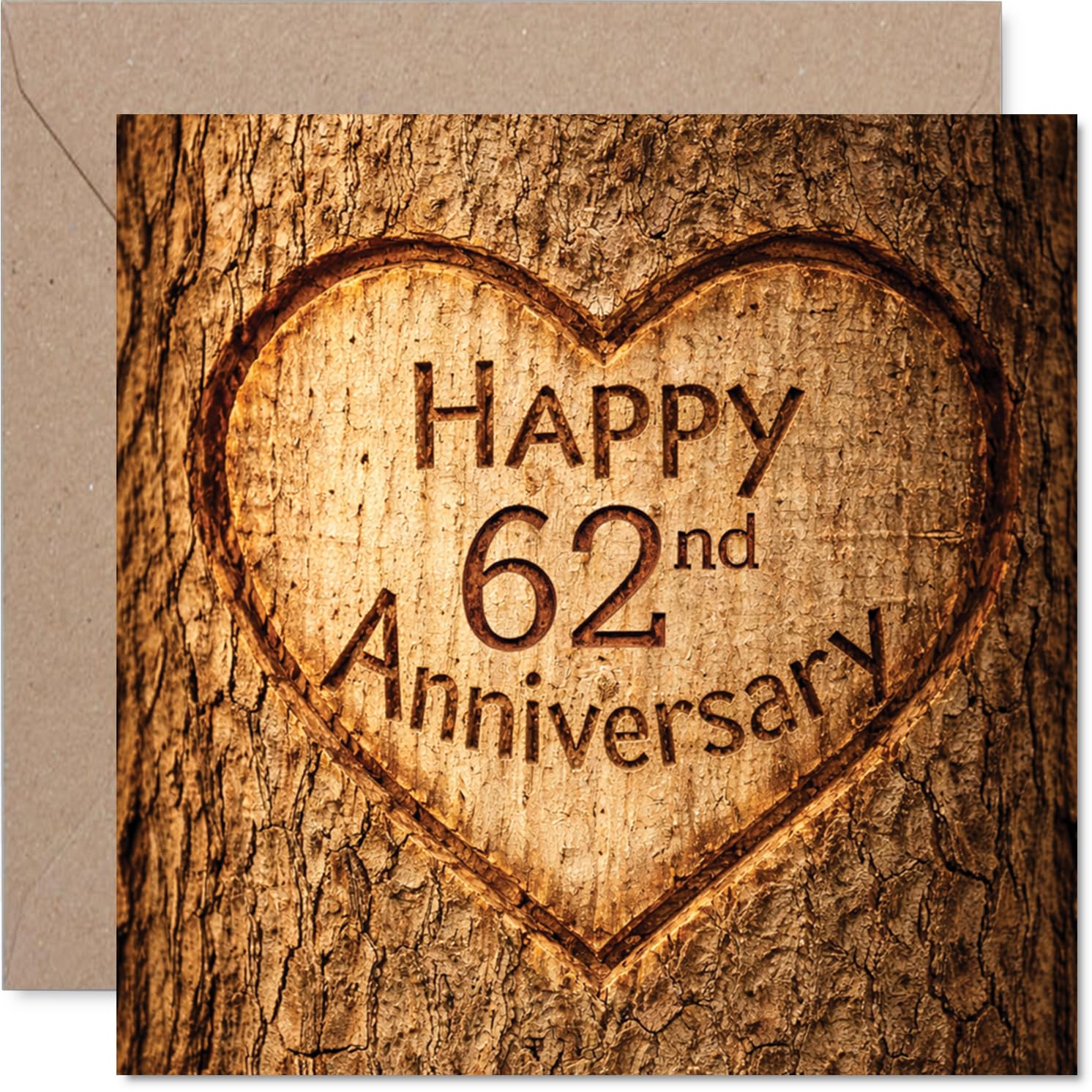 Heartfelt 62nd Anniversary Card - Rustic Charm Meets Romance - Carved Heart in Tree Bark Design - Celebrates Lasting Love and Togetherness - 145mm Square, Envelope Included