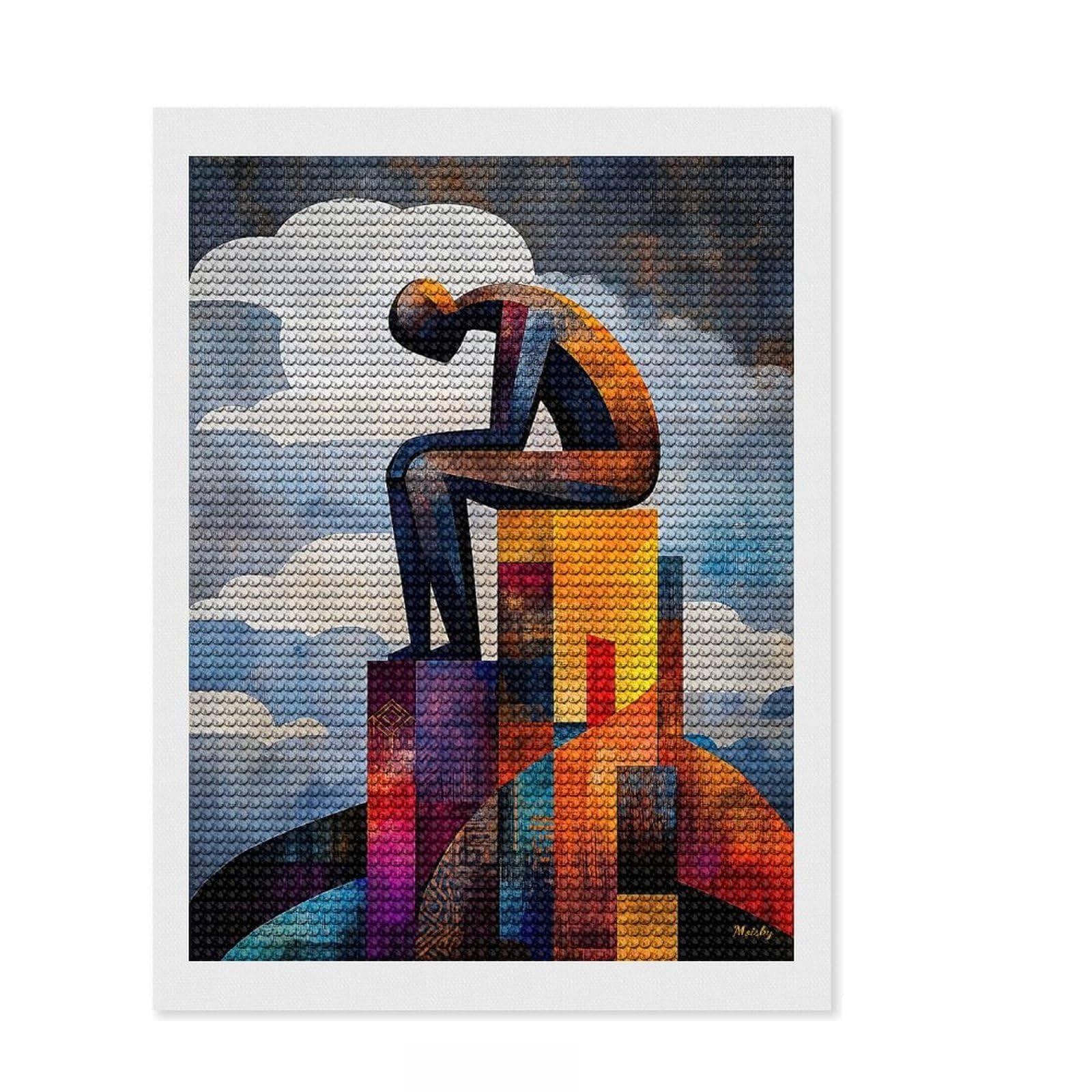 Junmoney Modern Cubist Vision of The Thinker Diamond Art Kit 12"x16", for Women, for Adults, Full Kit Included, Thoughtful Present, Festive Craft Gift
