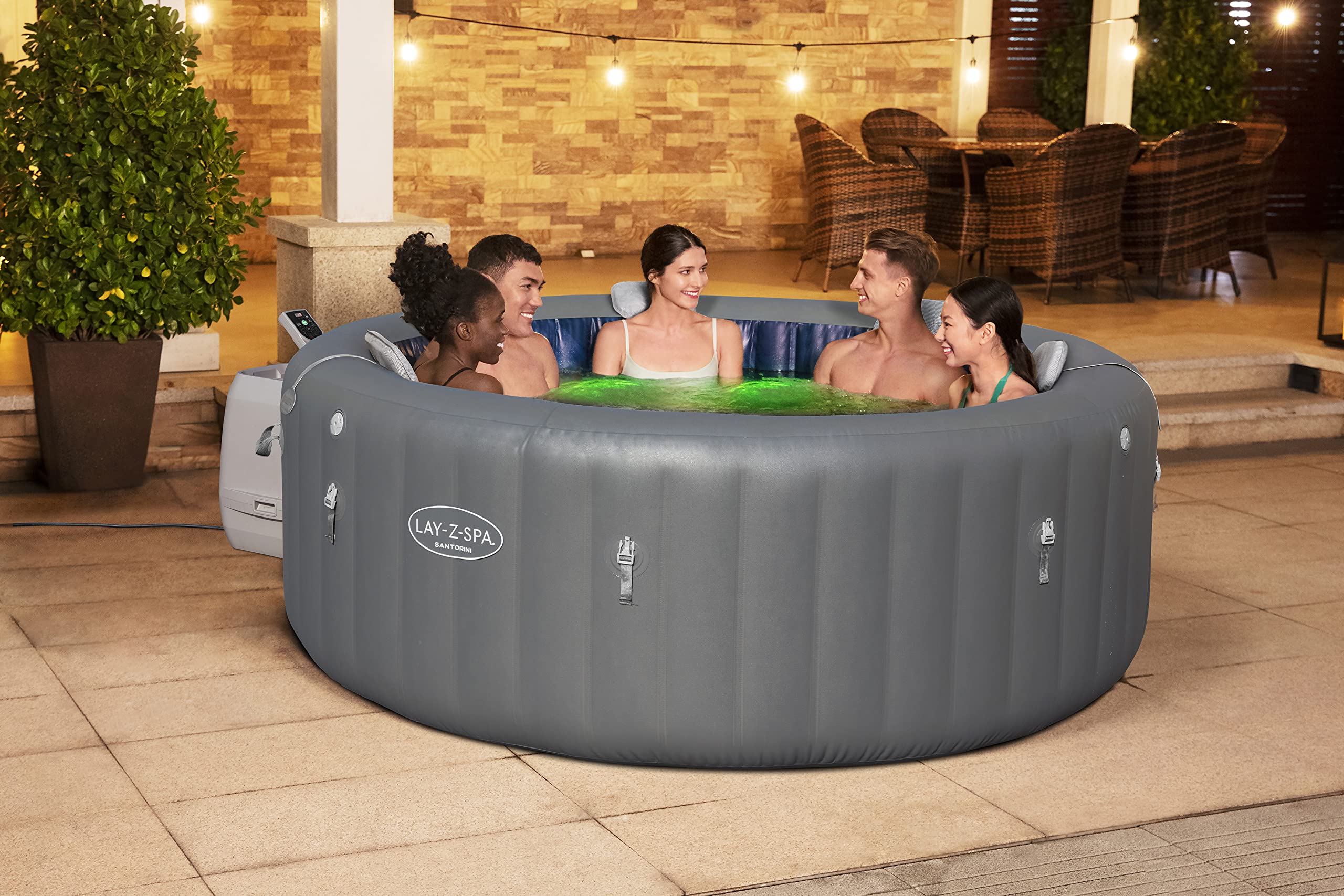 Bestway - Spa Gonflable Santorini Smart HydroJet Pro Efficacité énergétique avec Application de contrôle pour 5 à 7 Personnes - 216 cm x 216 cm x 80 cm - Gris