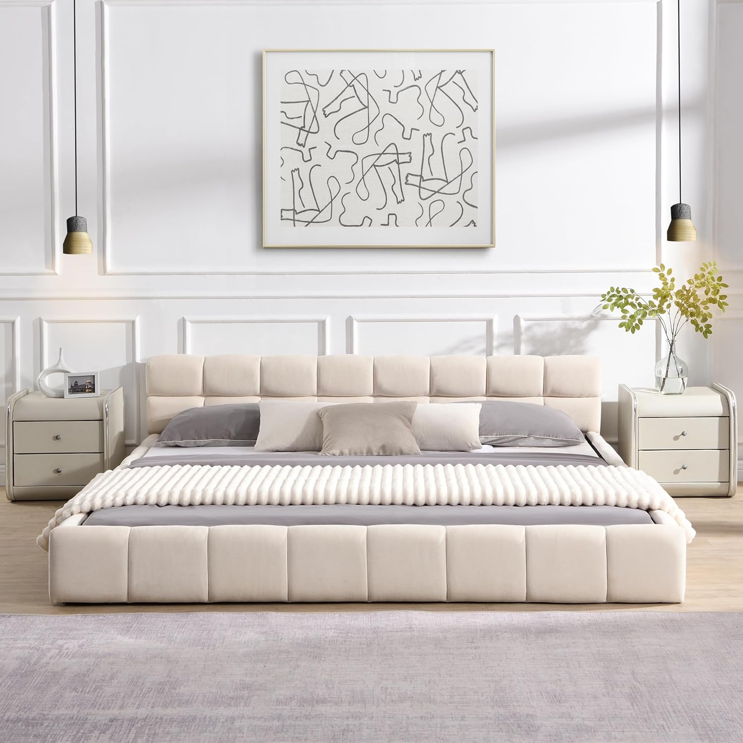 Queen Size Platform Bed with Checkerboard Headboard, Modern Upholstered Bed Frame, Soft Beige Chenille Fabric, No Box Spring Needed (King)