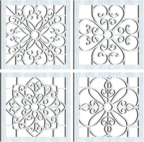 Miniatura 8 de 4 piezas de decoración de pared rústica gruesa moderna de granja, decoración de pared de madera hueca tallada, arte de pared rústico para sala de