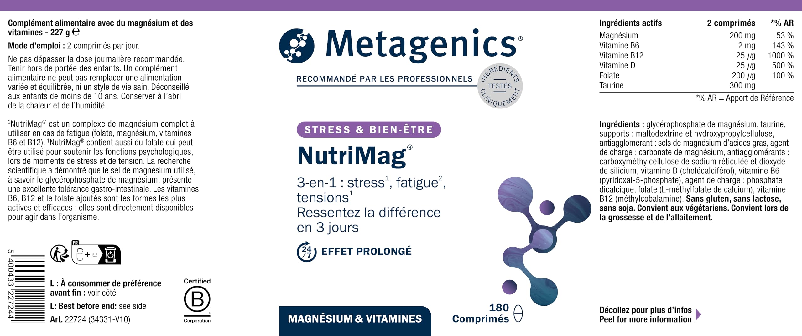 Metagenics NutriMag - Triple Action - Stress, Fatigue, Tensions - Magnésium, Vitamine D & B6, Folate - 180 comprimés
