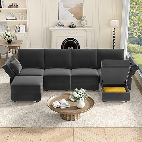 Miniatura 10 de Vesgantti - Sofás seccionales con asientos de almacenamiento, sofá seccional modular convertible en forma de L de 118" de 4 asientos y 2 otomanos,