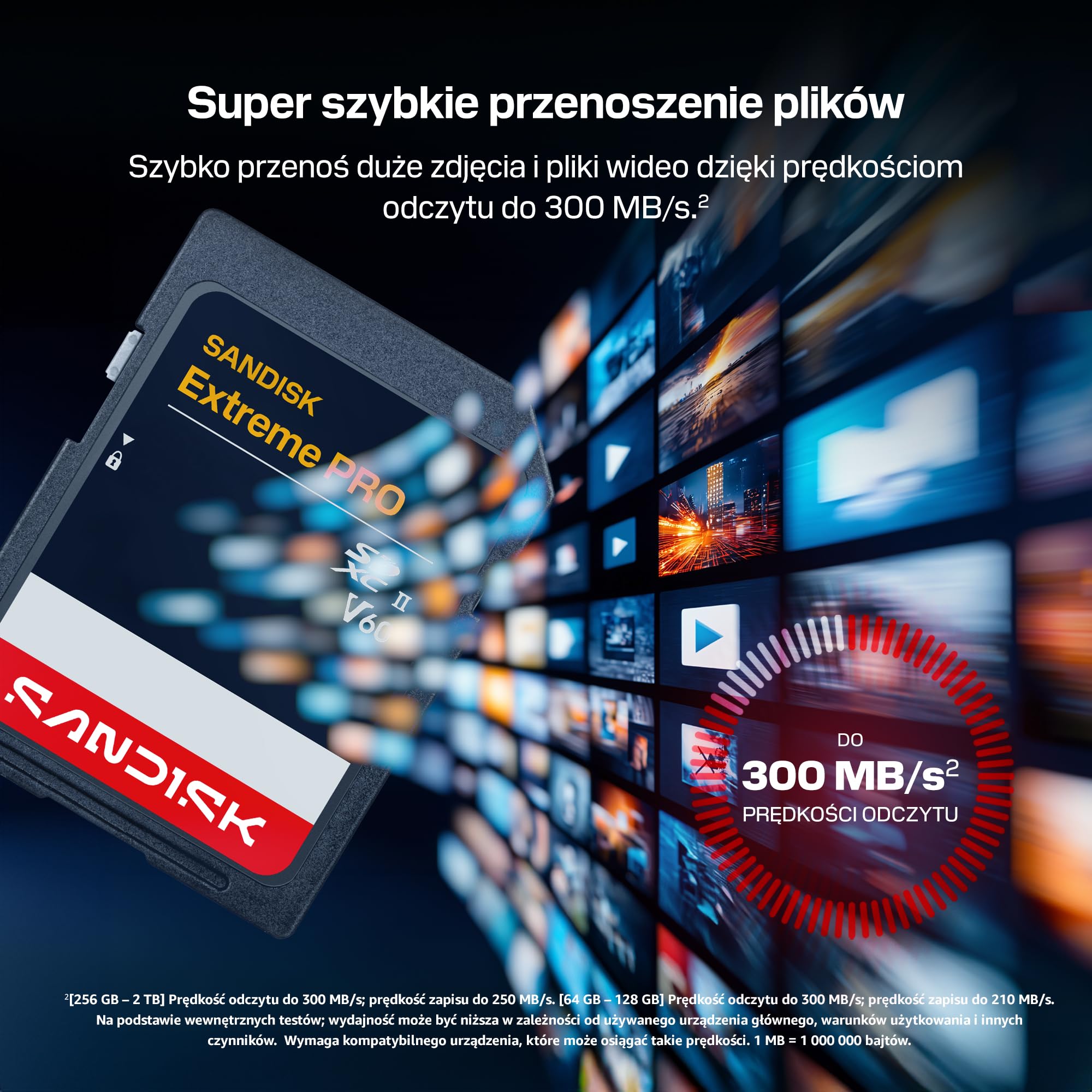 SANDISK Extreme PRO SDXC Karta UHS-II V60 128 GB (odczyt do 300 MB/s, zapis do 210 MB/s, 4K UHD, Full HD, U3, C10, V60) kompatybilna z lustrzankami cyfrowymi i aparatami bezlusterkowymi