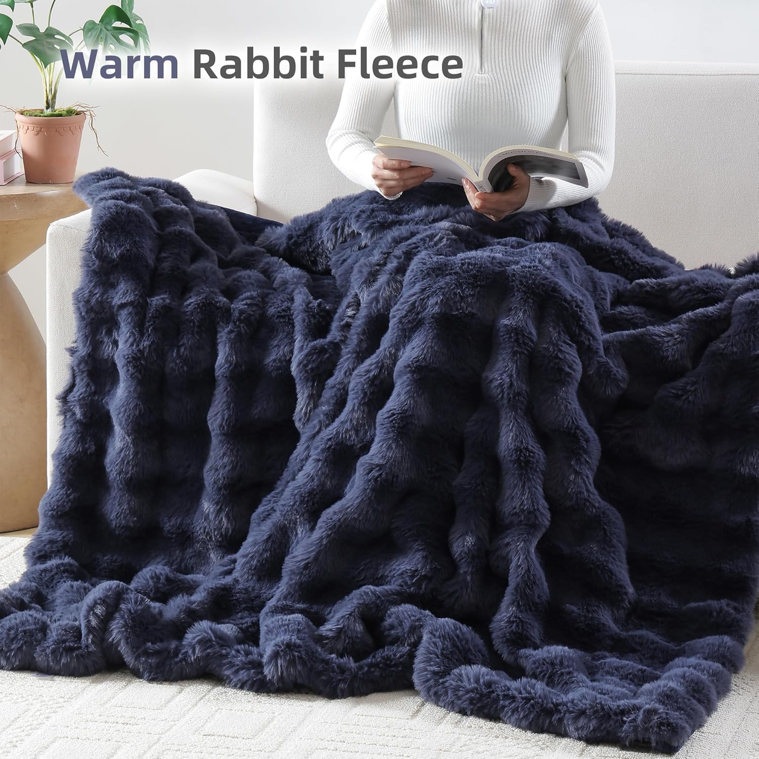 Smoofy Faux Fur Throw Blanket for Couch – Navy Blue Fluffy Cozy Rabbit Fleece, Plush Soft Bubble Blanket for Sofa & Bed, for Mom, Warm Fuzzy Home Room Decor Throw 50" x 60" - Image 6