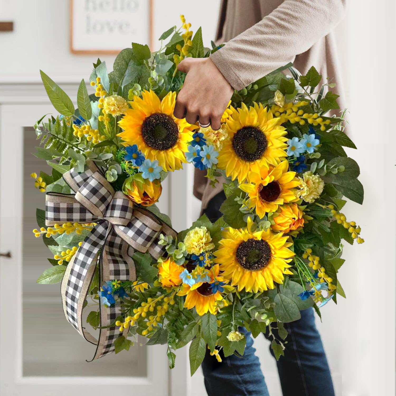 WANNA-CUL Couronne de tournesol artificiel de 45,7 cm pour porte d'entrée, décoration florale jaune avec marguerite, feuilles vertes et ruban en lin pour mur ou décoration de la maison