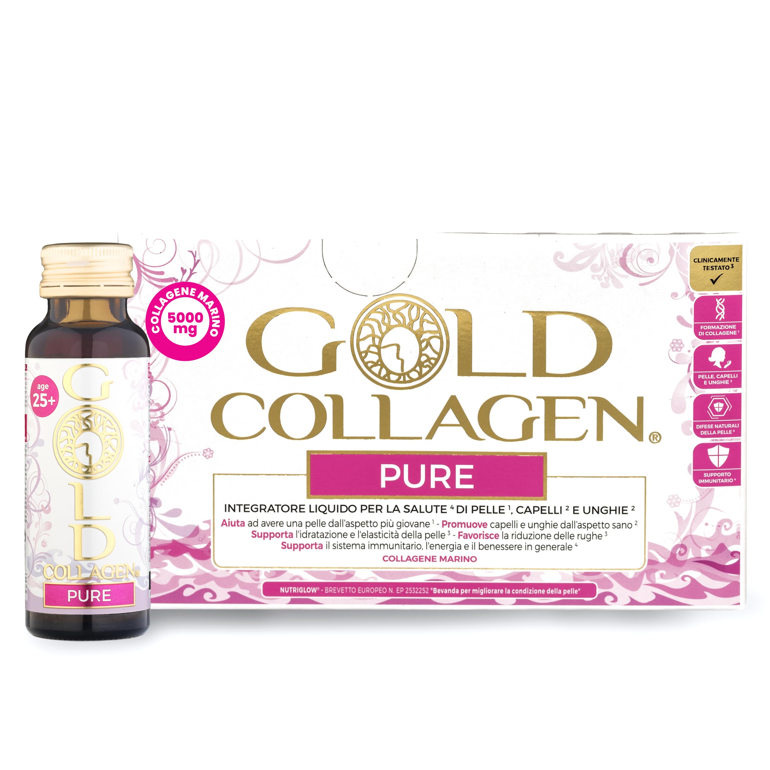 GOLD COLLAGEN Pure - Integratore Liquido Collagene Marino Capelli Pelle Unghie Antirughe Sistema Immunitario e Formazione Collagene con Acido Ialuronico, Vitamina C E B6 Biotina Zinco, 1 Pack 10x50 ml
