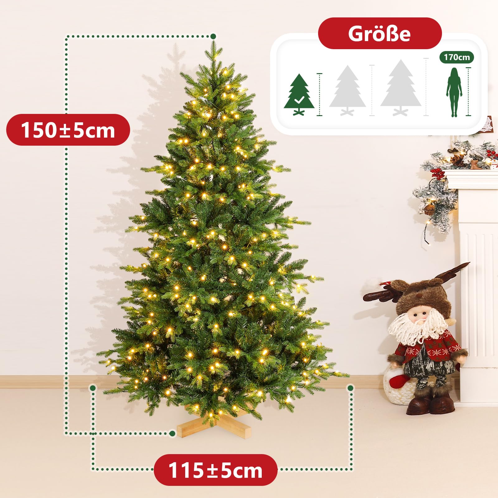 Yorbay Künstlicher Weihnachtsbaum mit Beleuchtung LED: 150 cm Naturgetreu | Mehrweg Tannenbaum mit Stabil Holzständer für Weihnachten Dekoration - Premium Nordmanntanne aus PE&PVC und Dichte Zweige