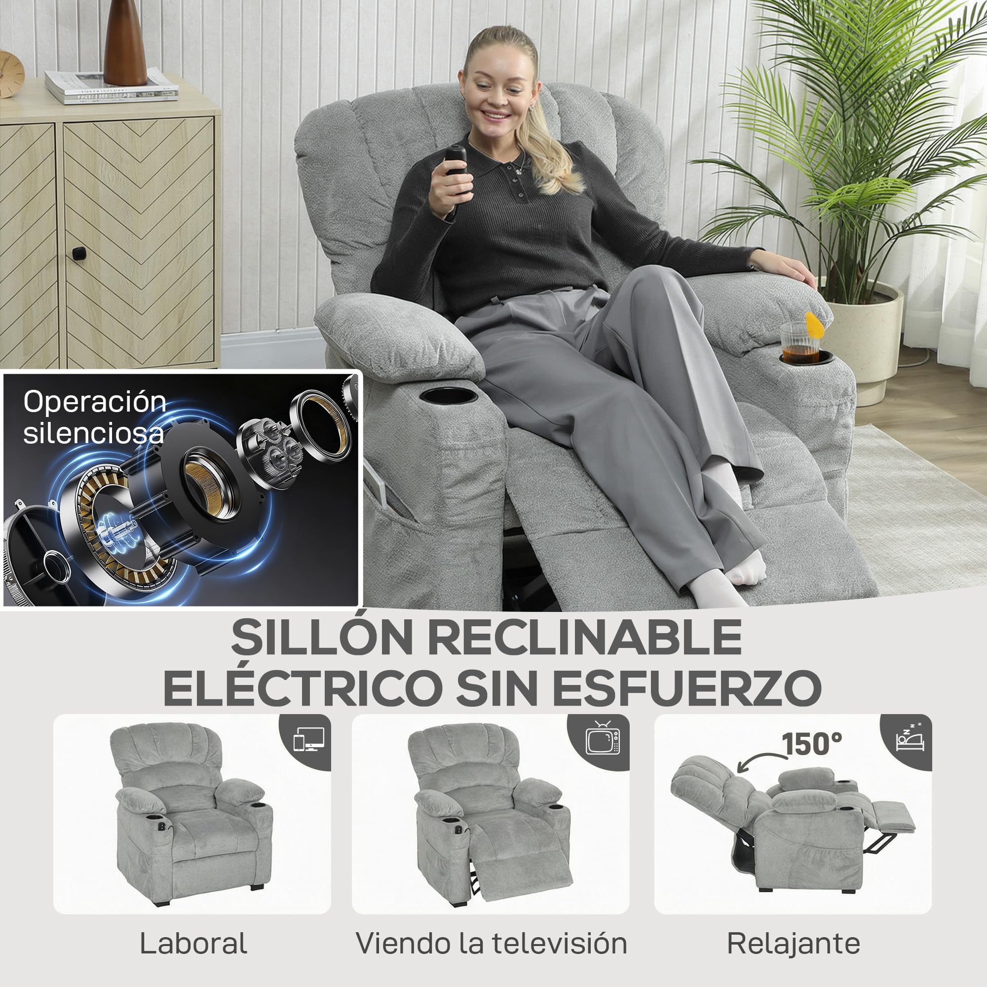 HOMCOM Sillón Relax Reclinable Eléctrico, Sillón Reclinable Silencioso de Terciopelo con Función Memoria, Reposapiés, Mando a Distancia, Bolsillos, Puerto USB, Portavasos, Respaldo Concha, Gris