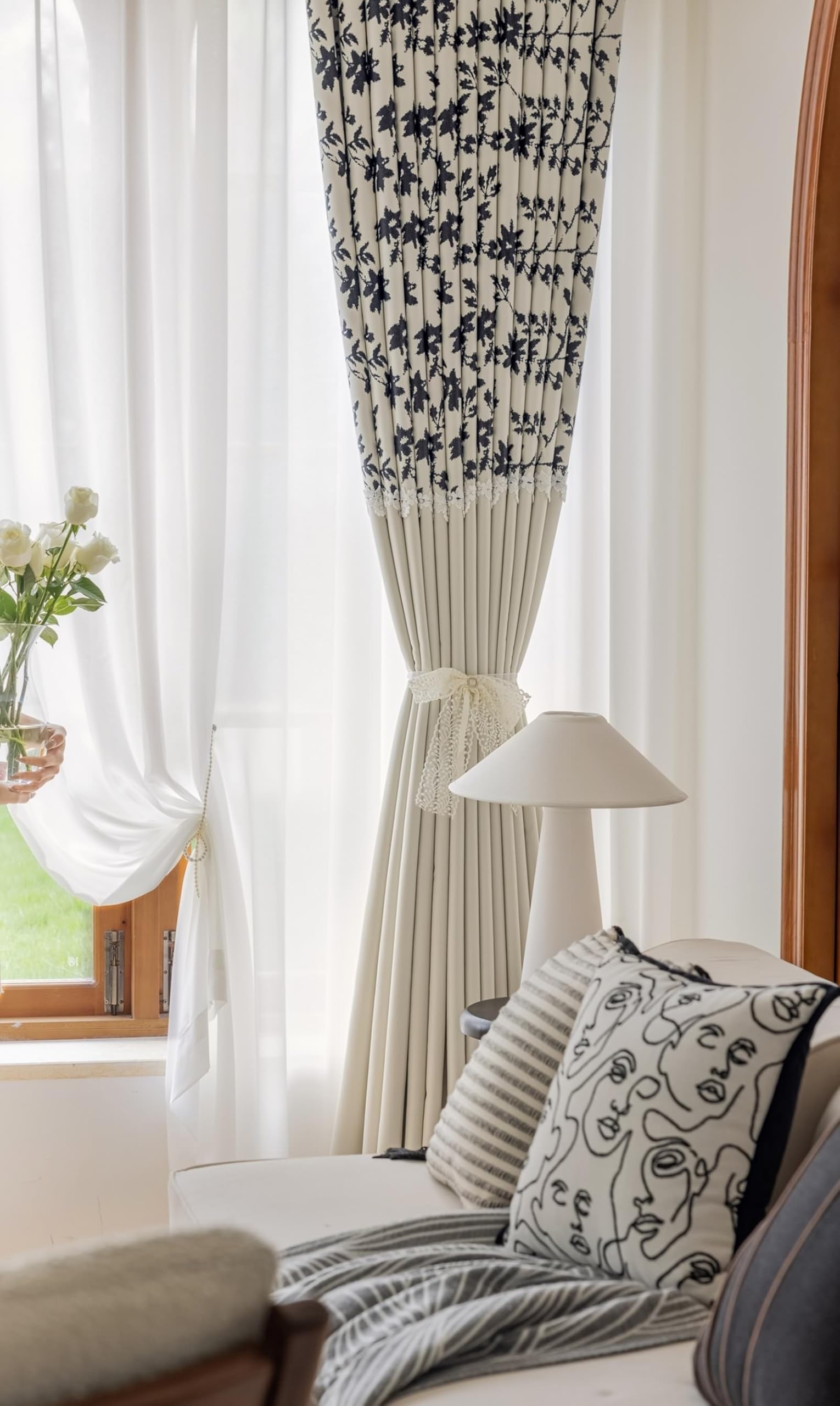 Zestaw 2 zasłon nieprzejrzystych w stylu vintage, nieprzejrzyste, żakardowe liście z koronką, z poliestru, na przelotkach, do pokoju dziecięcego, szer. 137 x wys. 214 cm, beżowo-czarne