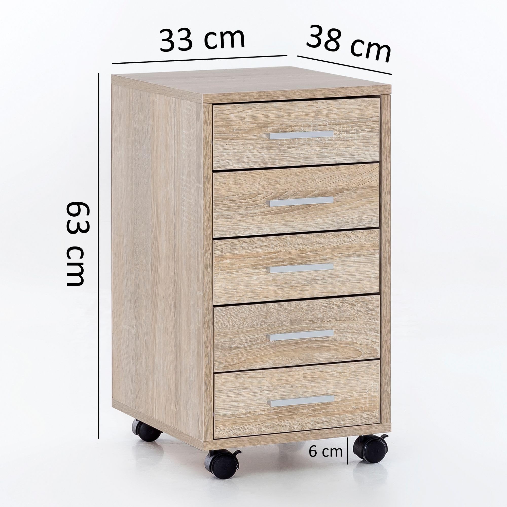 WOHNLING Kontenerek na Kółkach 33x38x63 cm Sonoma z 5 Szuflady | szafka z szufladami do biurko, kontenerek biurowy pasuje obok lub pod biurko, szafka na kółkach ze schowkiem