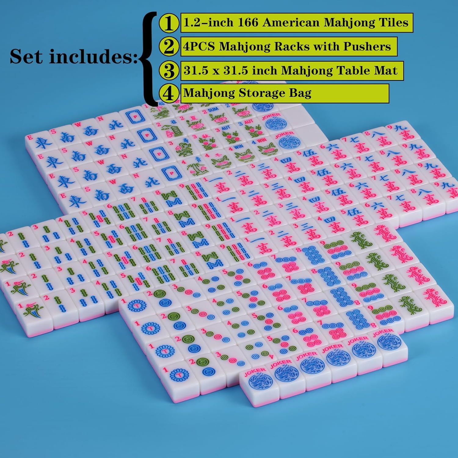 Pink 1.2-inch American Mahjong Tile Set with 166 Mahjong Tiles 4PCS Mahjong Racks with Pushers Mahjong Table Mat and Mahjong Storage Bag