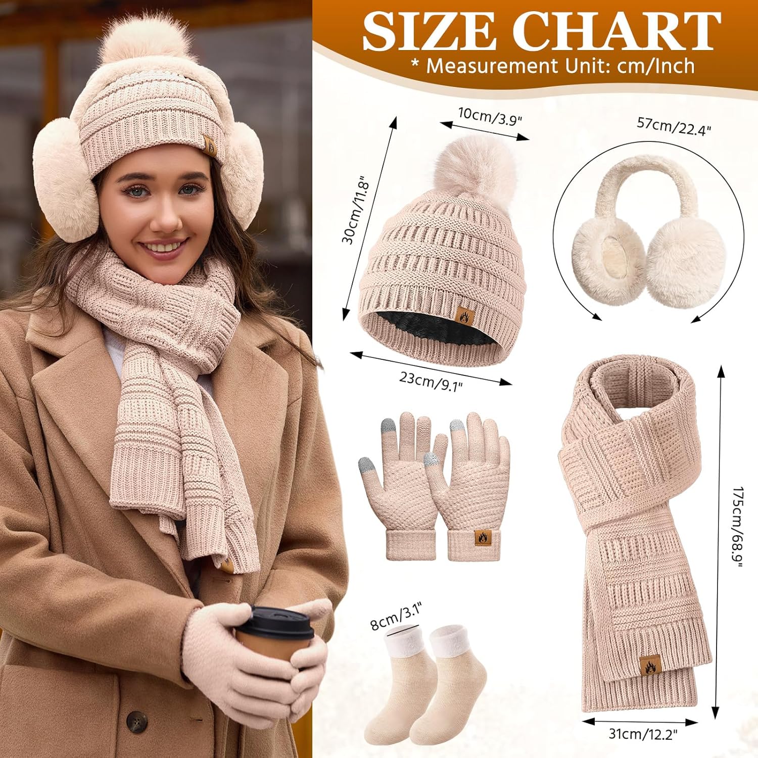 Womens Winter Beanie Hat Scarf Gloves Set Fleece Hat Long Scarf Neck Warmer Ear muffs Fuzzy Socks 5 in 1 Knit Sets - Image 5