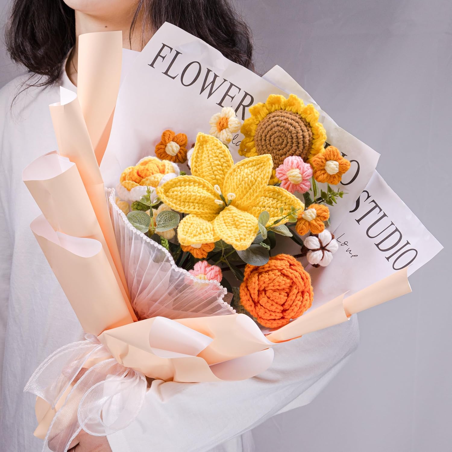 YSHomy Crochet Flowers,Crochet Flower Bouquet with 14 Crochet Flowers, Sunflowers, Roses,Lily Yellow Bouquet for Birthday,Graduation,Valentine's Day,Get Well Gifts (Include Cards) - Image 7