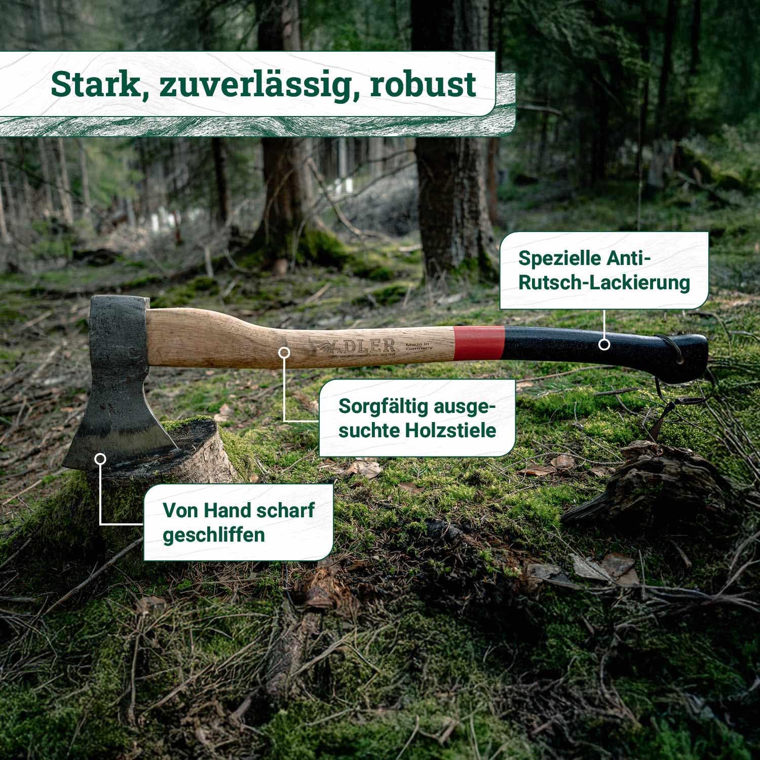 ADLER Rheinlandaxt 1250g – 70 cm Hickorystiel – C60 Stahl – Schwarz/Rot – Fällen, Entasten & Spalten bis Ø20cm – inkl. Lederschutz – Made in Germany