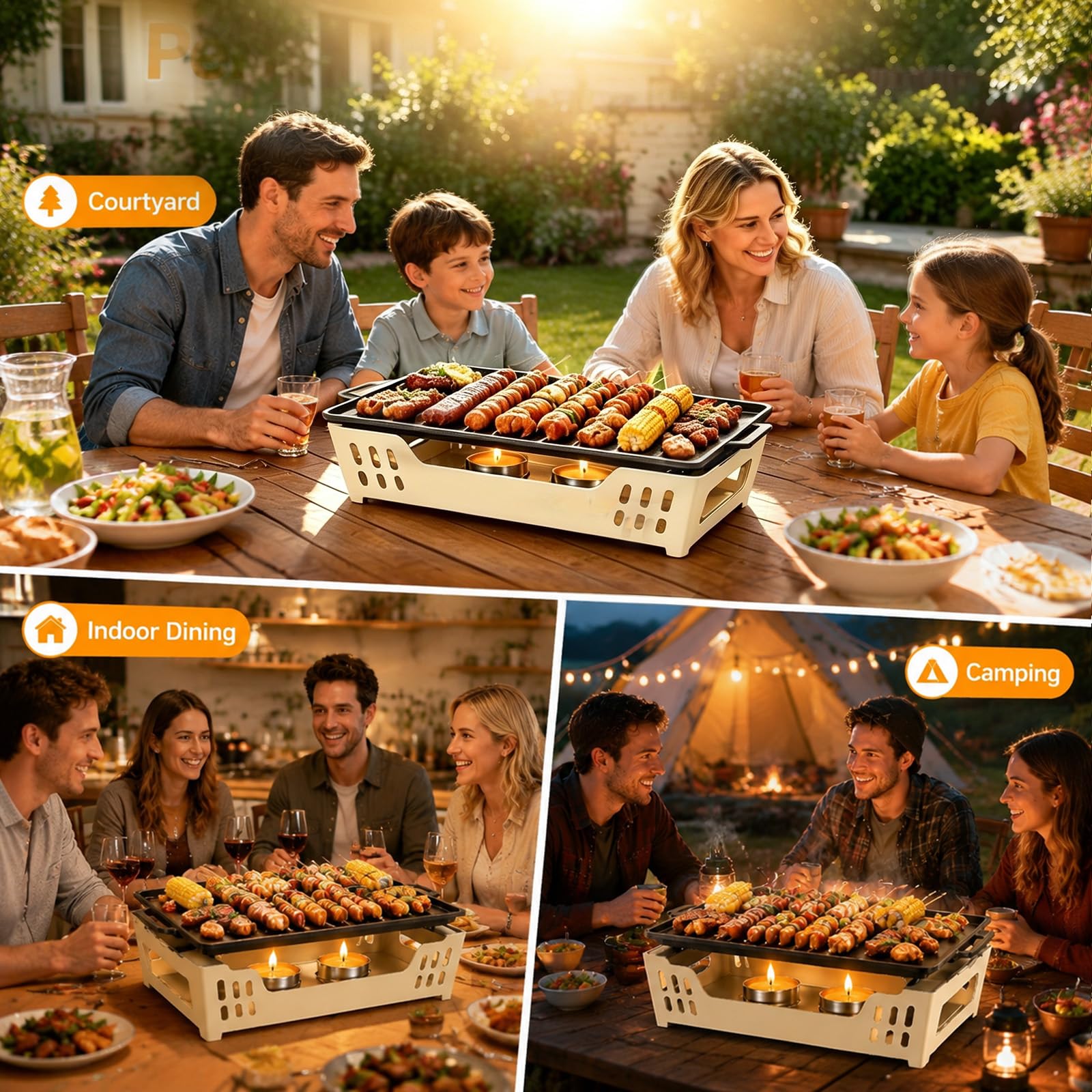Warmhalteplatte für BBQ mit Edelstahlauflage, Speisenwärmer für Grillgut, Stövchen mit Teelichtfunktion, Warmhaltebehälter unplugged, Grillzubehör für Outdoor & Garten, mit 2 Alkoholbrenner (Weiß)