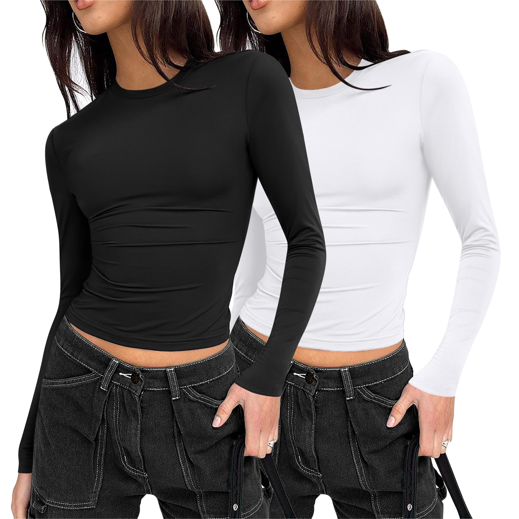 Zeagoo Maglietta Donna Maniche Lunghe Maglia Sexy Slim Fit Y2K Crop Top Elegante T-Shirt Girocollo Basic Solido Tee Casual Camicia Tops XS-XL