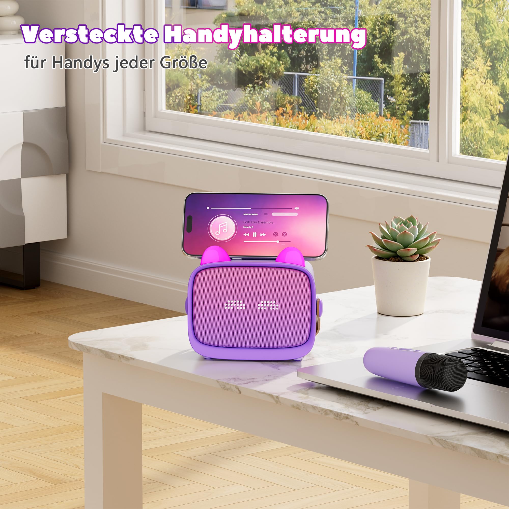 Karaoke Maschine für Kinder mit 2 Kabellosen Mikrofonen, Bluetooth Lautsprecher mit LED Licht, Emoji Display, Stimmeffekten, Handyhalter, Geschenk für Mädchen Jungen, Lila