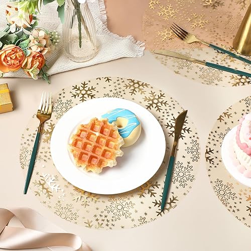 Miniatura 5 de Vesici 50 manteles individuales de copo de nieve de 13 pulgadas, manteles individuales redondos de Navidad con copos de nieve dorados, manteles