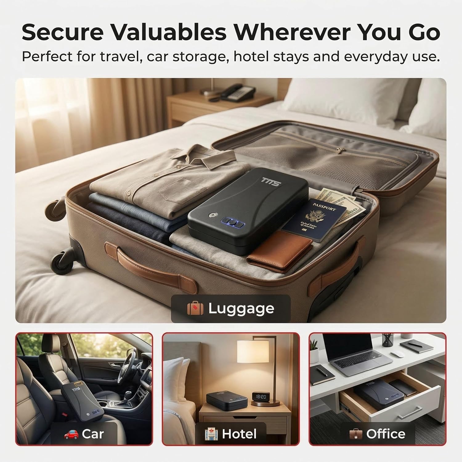 TMS Portable Pistol Safe with Backlit Keypad, 3-8 Digit Passcode & Backup Keys, Travel Gun Safe with Security Cable, Compact Handgun Lock Box for Car, Nightstand, Hotel
