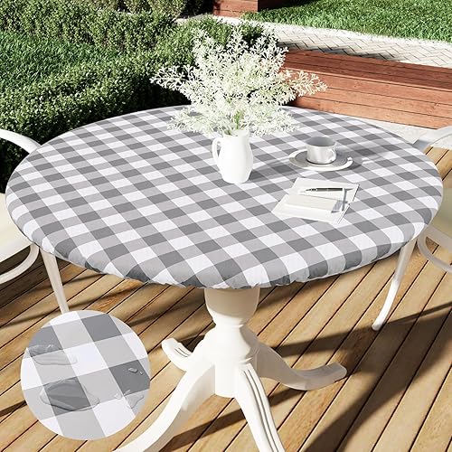 Smiry Mantel redondo de picnic, mantel de vinilo elástico impermeable para mesas de 36 a 44 pulgadas, a cuadros escoceses con respaldo de franela,