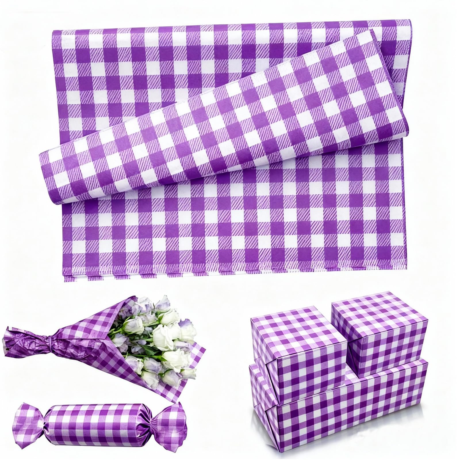 50 Sheets Purple and White Checkered Tissue Paper for Wrapping Gifts,50x35cm Gingham Tissue Sheets for Packaging,Gift Wrapping Paper for Crafts DIY Art Easter Kpop Birthday Gift Bags Decorations