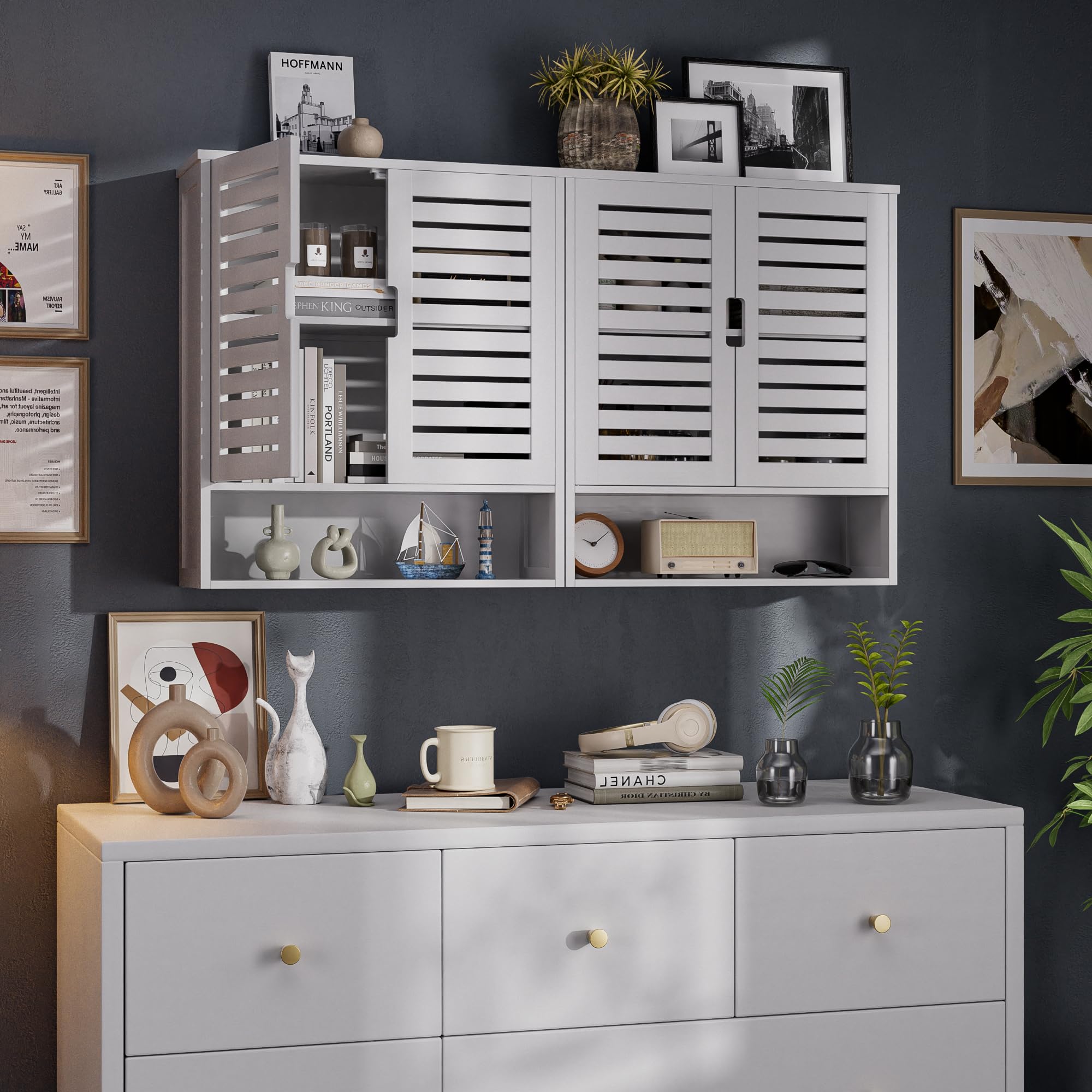 SMIBUY Armadietto da bagno montato a parete, organizzatore di stoccaggio sopra il water in bambù, armadietto medico salvaspazio con 2 porte e ripiani regolabili (Bianco)
