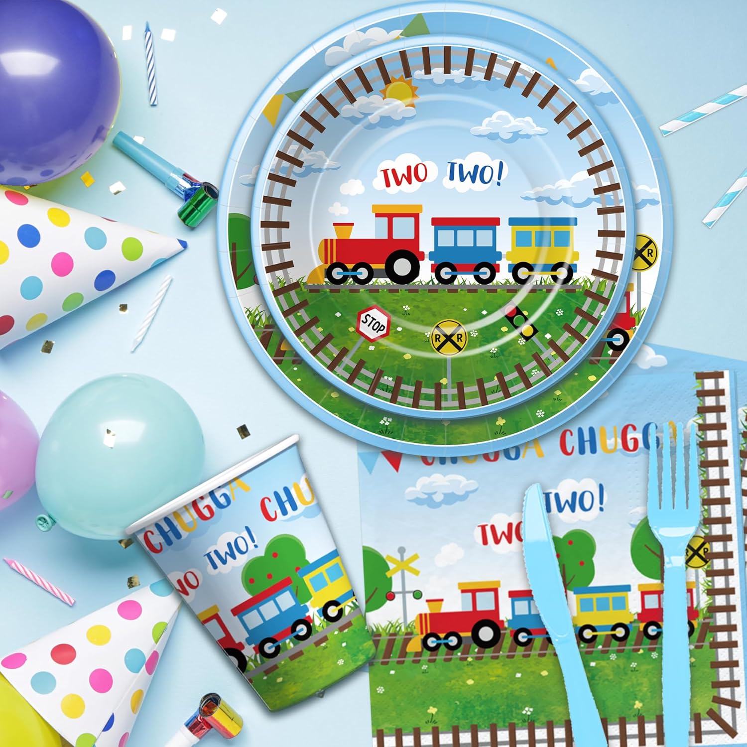 APOWBLS Chugga Chugga Two Two Birthday Party Supplies, Paper Plate, Cup, Napkin, Disposable Cutlery, Tablecloth, Train 2nd Birthday Decorations Tableware | Serves 24 - Image 5