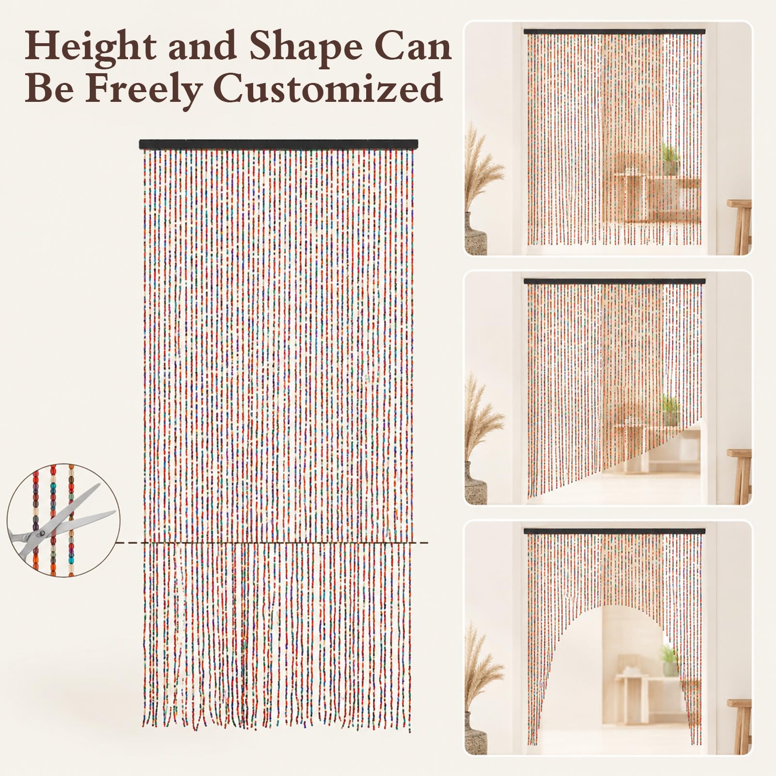 Perlenvorhang, 90x200cm Türvorhang Perlen 52 Stränge Bohemian-Stil Bambusvorhang mit 2 Riemen Perlenvorhang Insektenschutz Zuschneidbarer Holzperlenvorhang Bunt für Fenster Türen Dekoration
