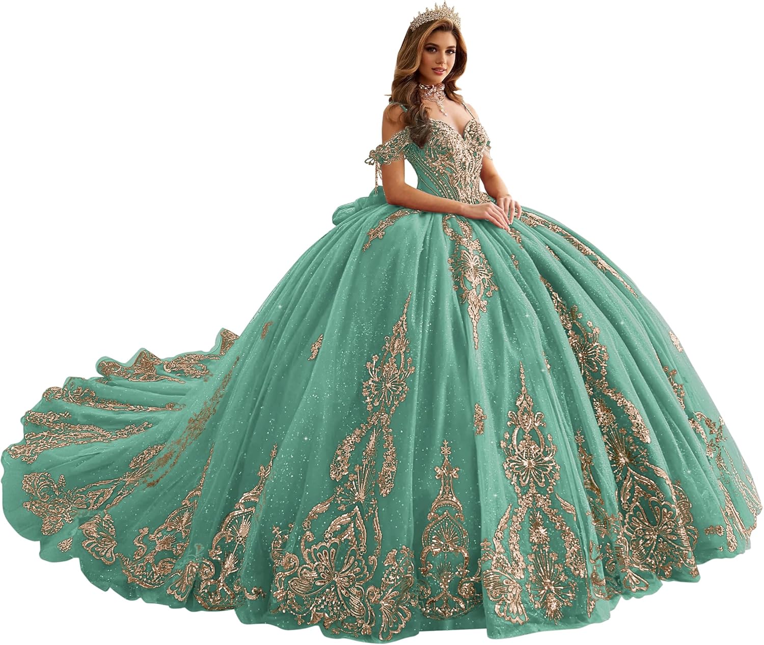 Sparkly Tulle Quinceanera Dresses with Tassel Gold Appliques Sweet 16 Dresses Cold Shoulder Vestidos de 15 años
