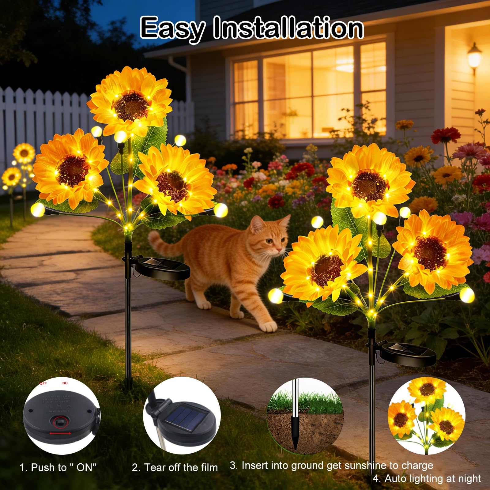 Luci solari da giardino a forma di girasole, confezione da 4 pali decorativi per esterni, con luci a LED a forma di lucciola, impermeabili, per cortile, prato, patio